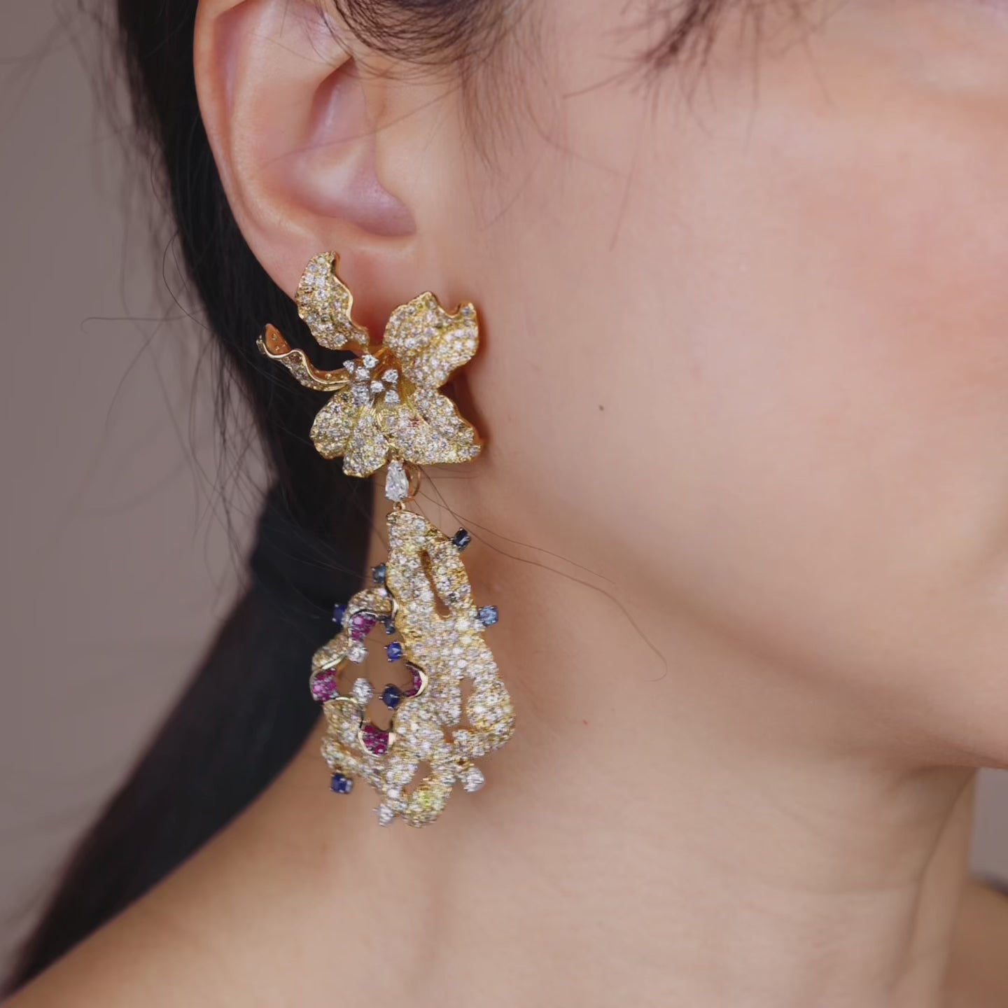 18K Yellow Gold Evening Party Earrings with Color Sapphires, Diamonds & Rubies