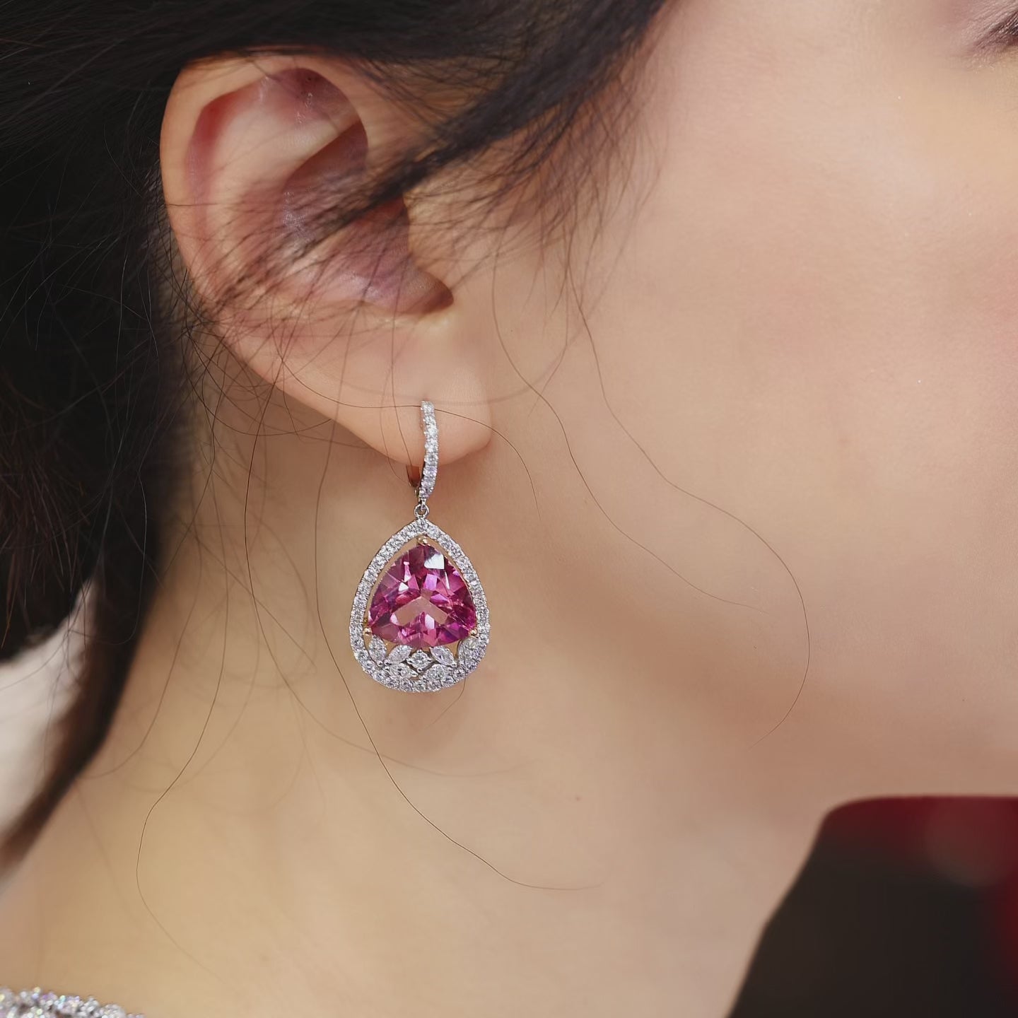 18K Gold Natural Pink Topaz and Diamond Earrings