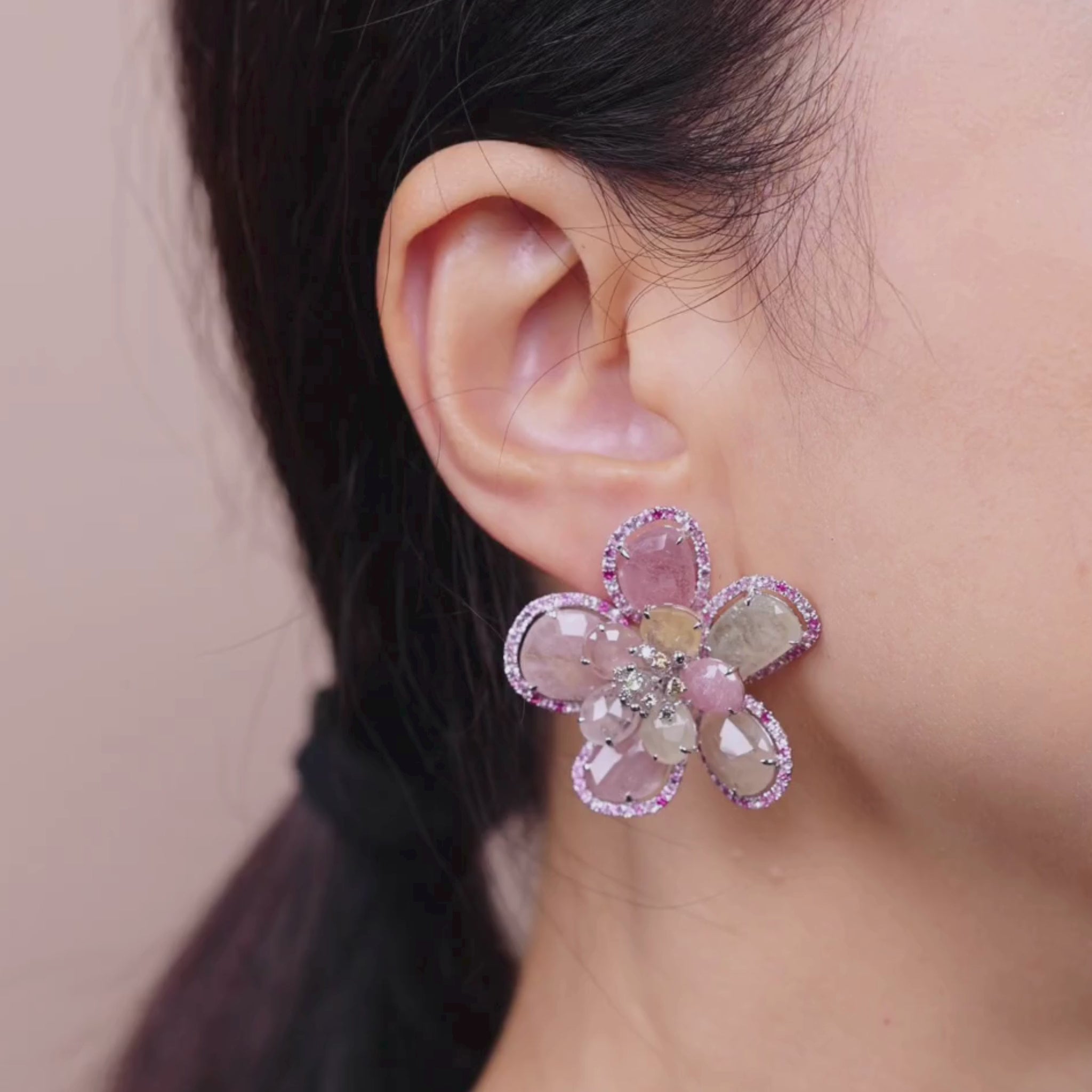 18K Gold Natural Raw Sapphire and Diamond Flower Earrings
