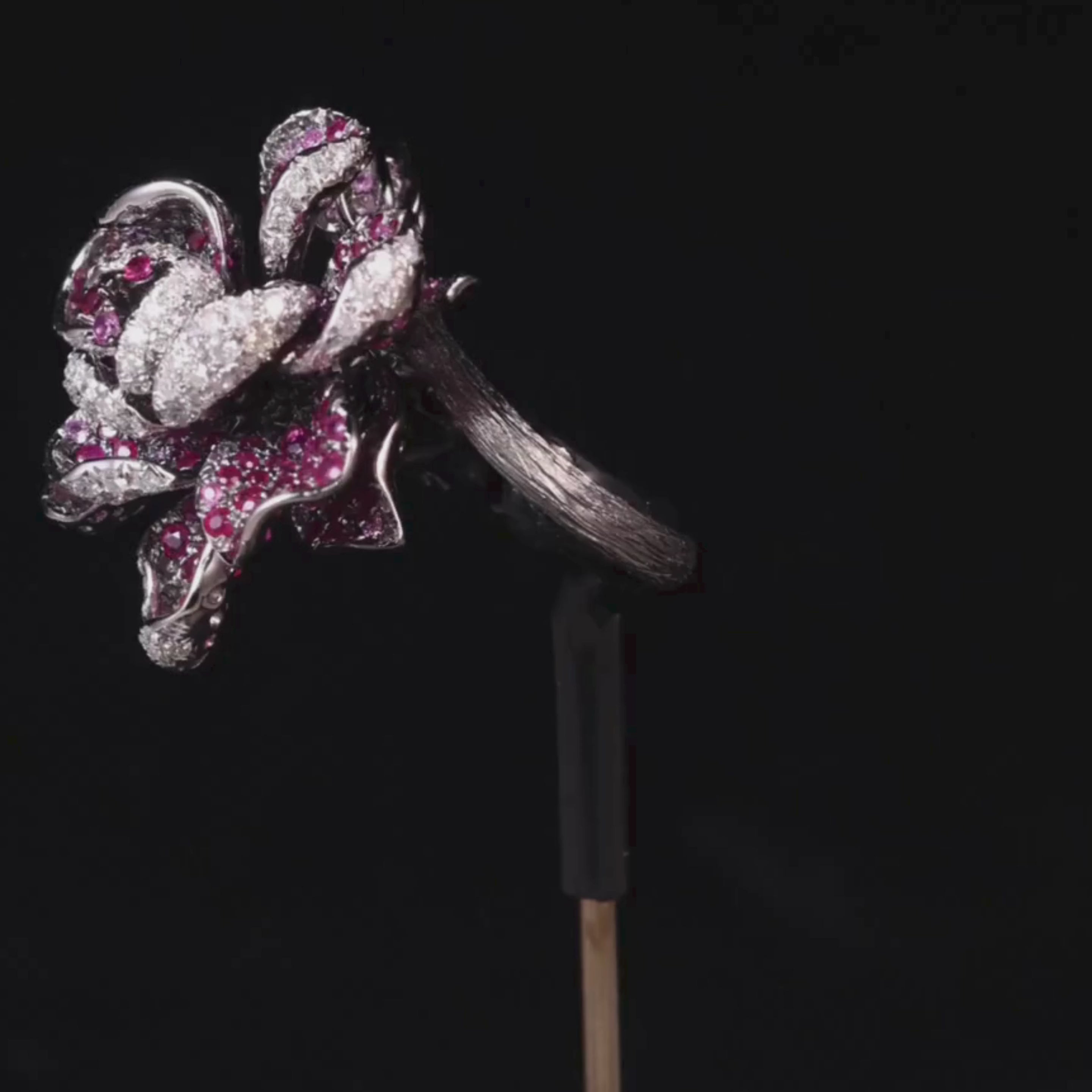 18K Gold Flower Ring with Diamonds, Rubies, and Pink Sapphires