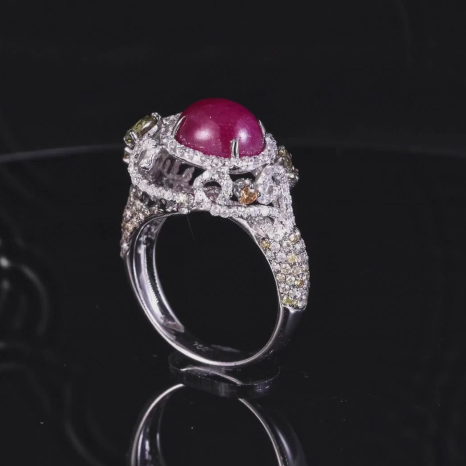 18K Gold Ring with Oval Ruby and Color Diamonds