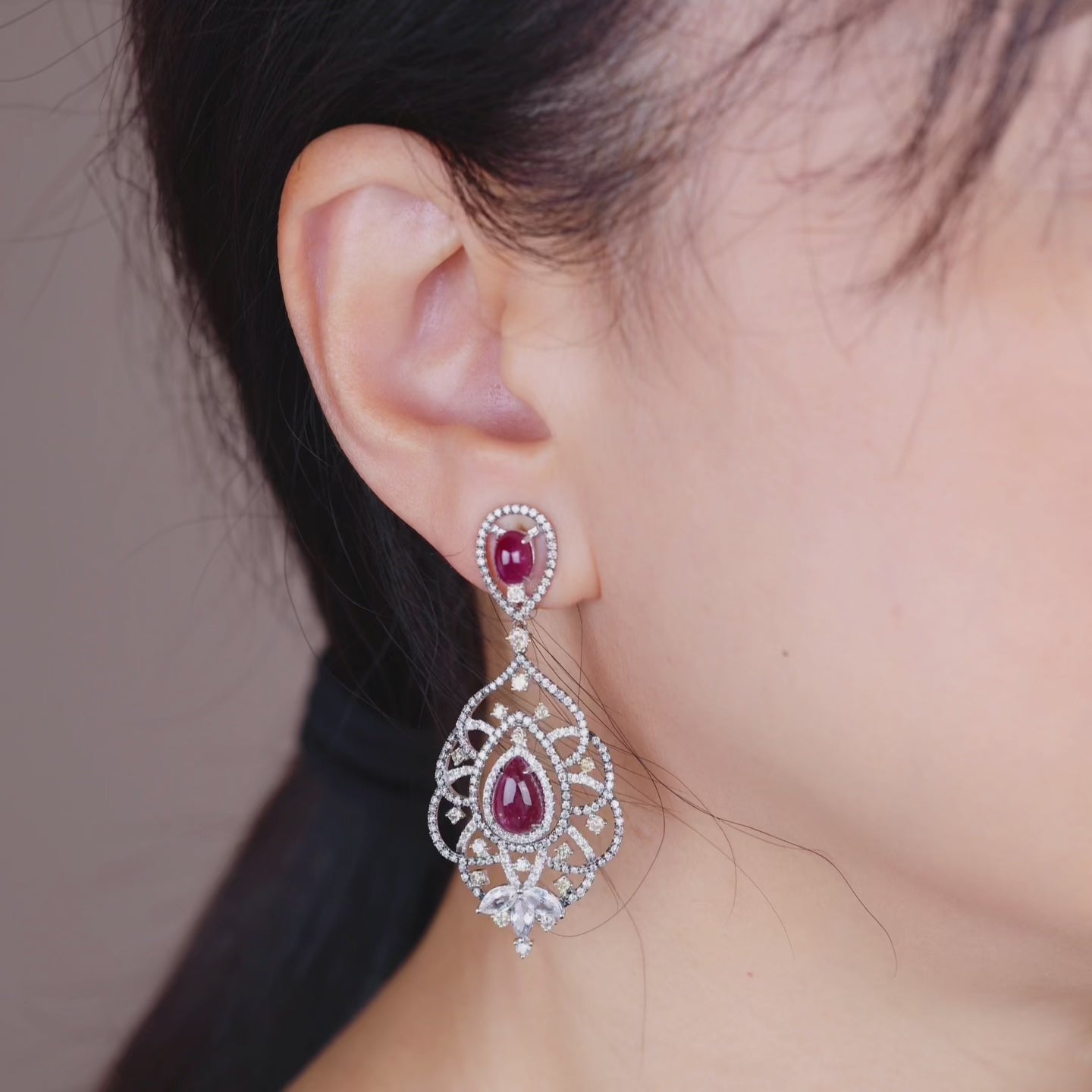 18K Gold Natural Diamond and Ruby Drop Earrings