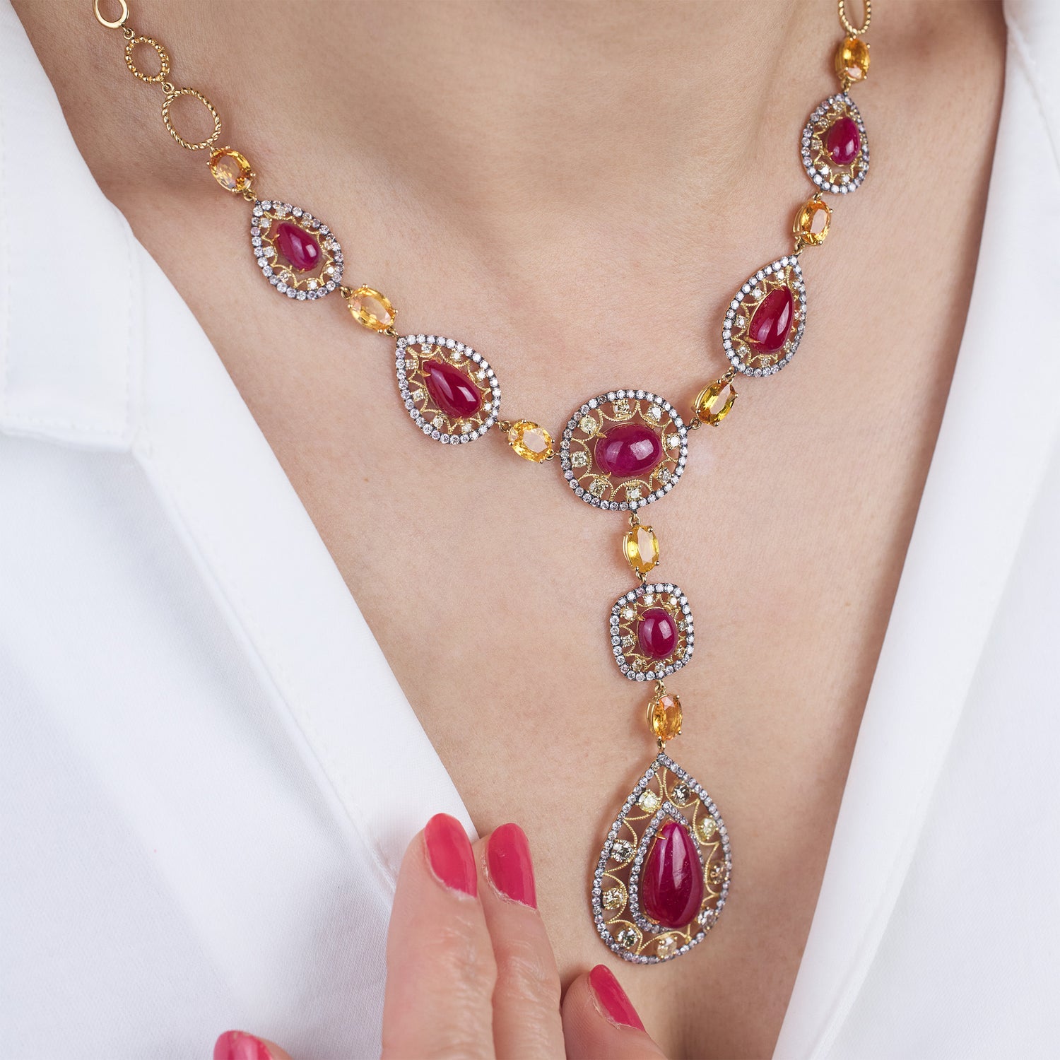 18K Gold Y-Necklace with Natural Oval Rubies, Diamonds and Fancy Sapphires