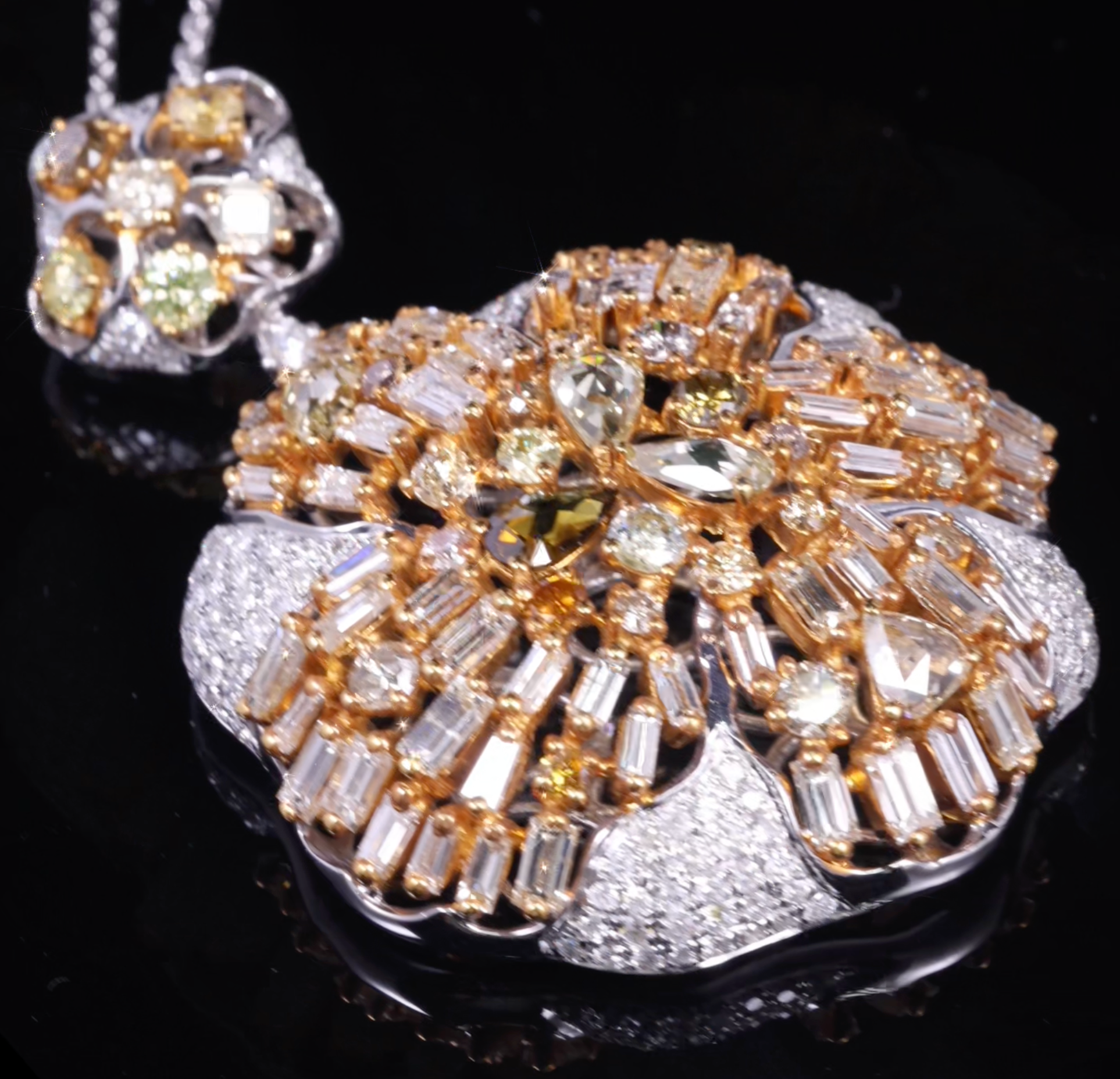 18K White Gold Floral Pendant with Baguette and Color Diamonds