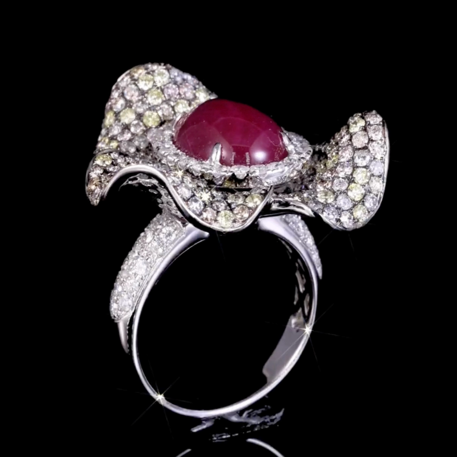 18K Gold Flower Ring with Oval Ruby and Color Diamonds