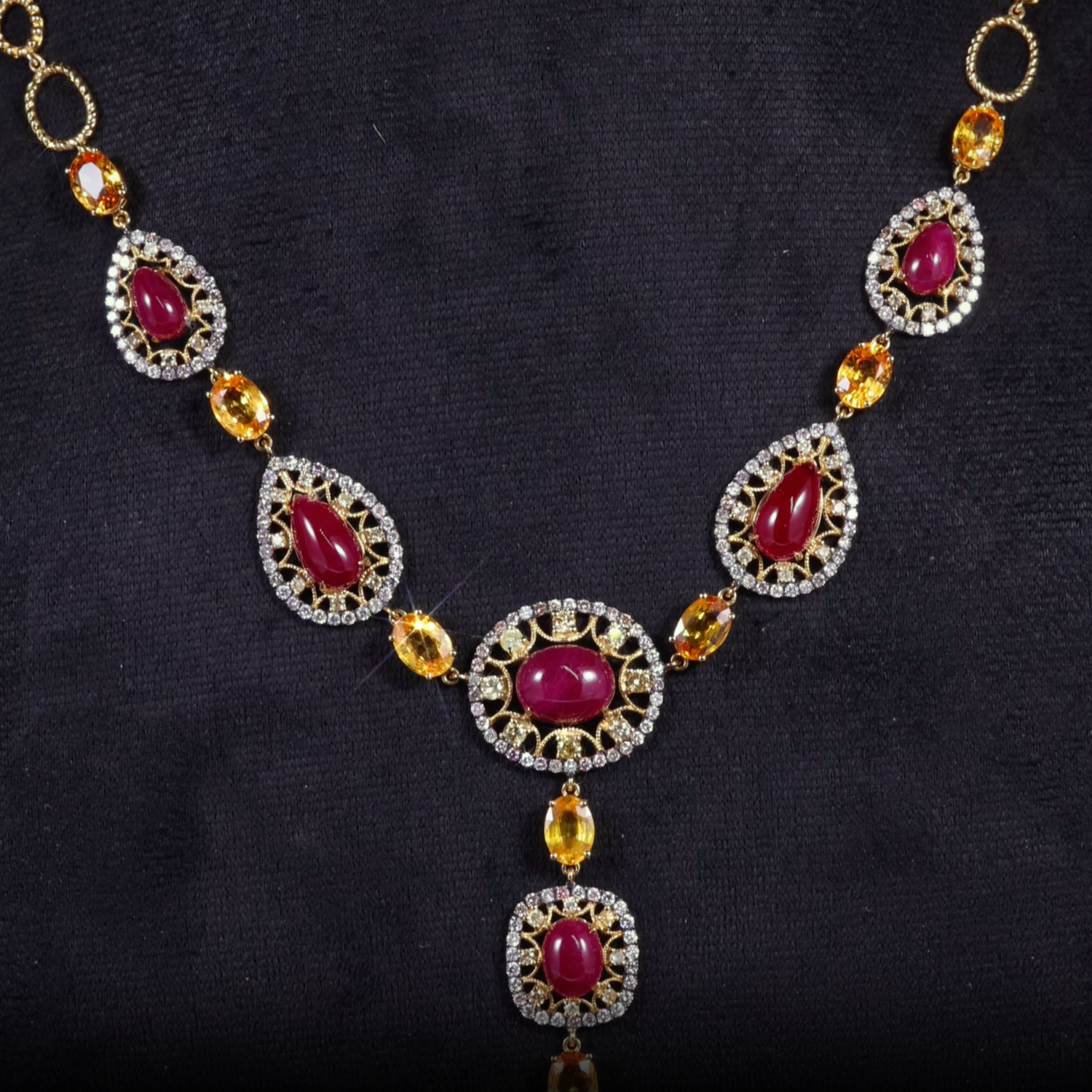 18K Gold Y-Necklace with Natural Oval Rubies, Diamonds and Fancy Sapphires
