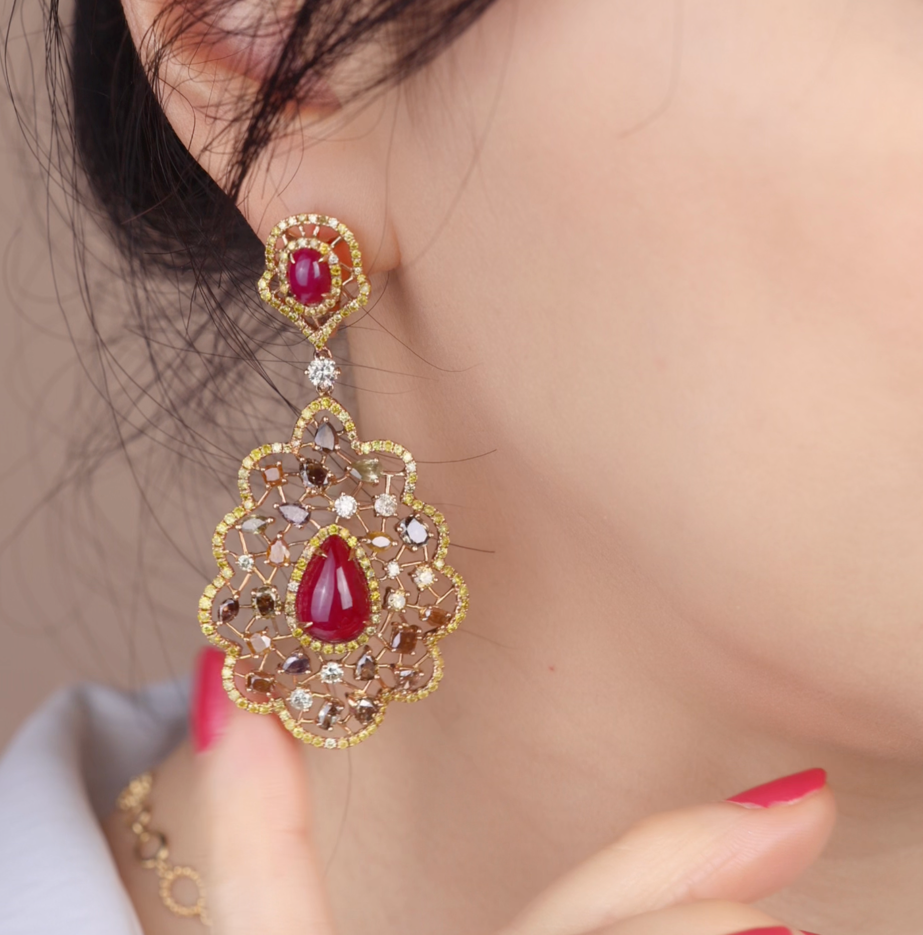 18K Gold Art Deco Earrings with Natural Rubies, Yellow Diamonds & Color Diamonds