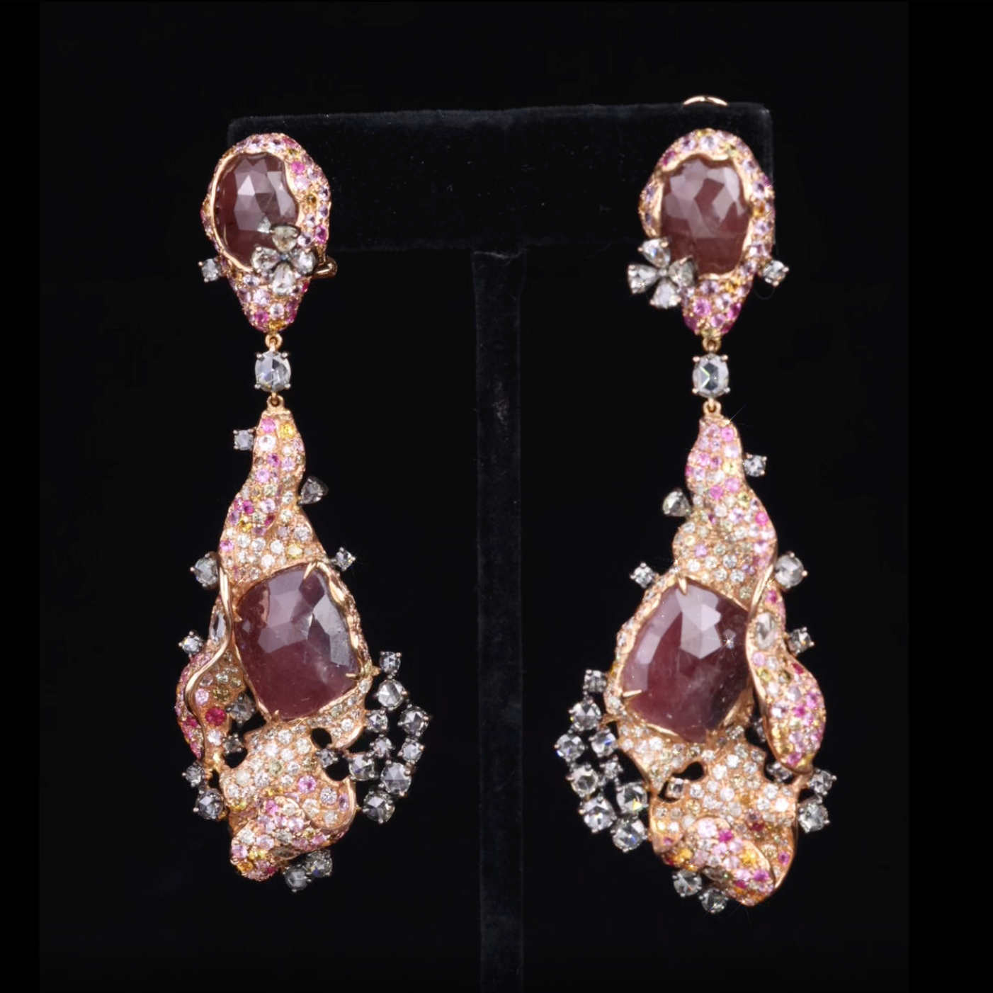 18K Gold Color Sapphire, Diamond & Ruby Evening Party Earrings