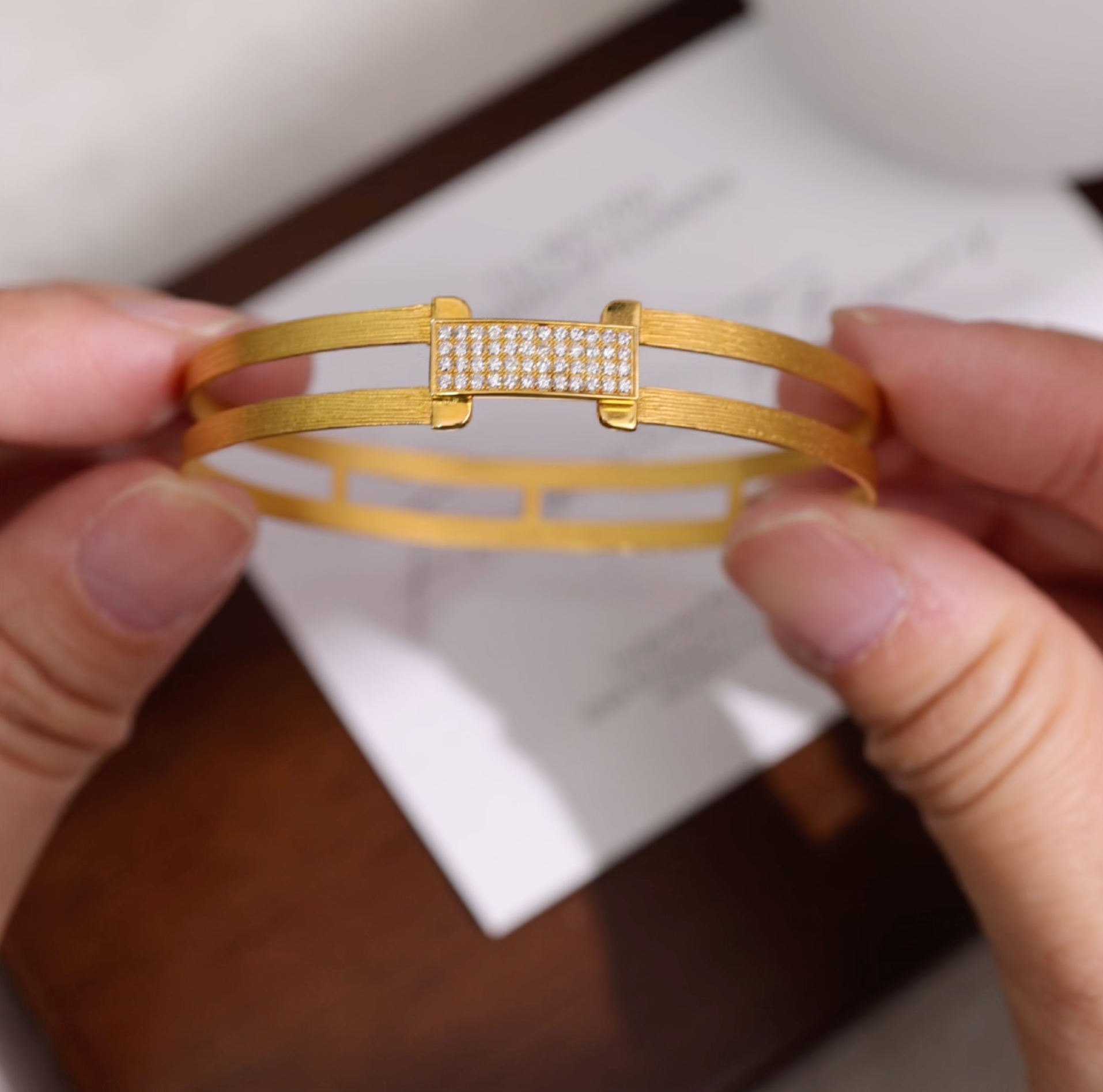 18K Gold Easy-Lock Diamond Bangle with Hand-Hammered Finish from JewelryandStore