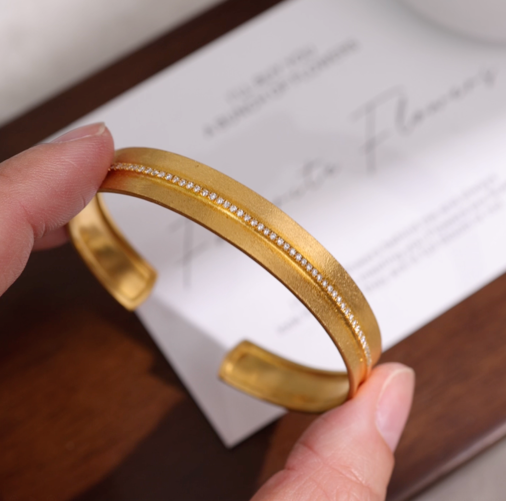 14K Gold Open Cuff Diamond Bracelet with Sand-Brushed Finish from Jewelryandstore