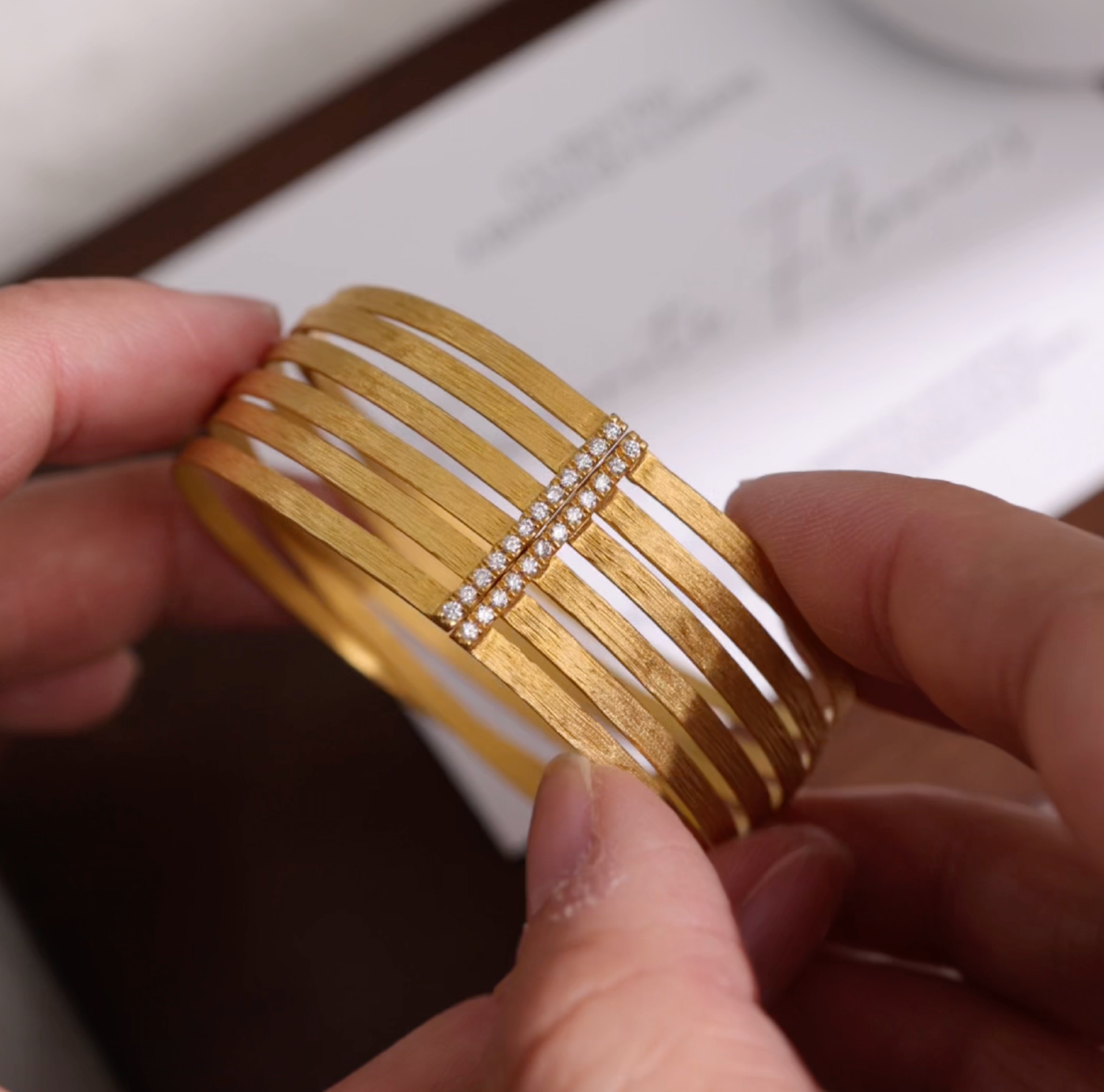 14K Gold Multi-Band Diamond Bangle with Hand-hammered Finish from Jewelryandstore