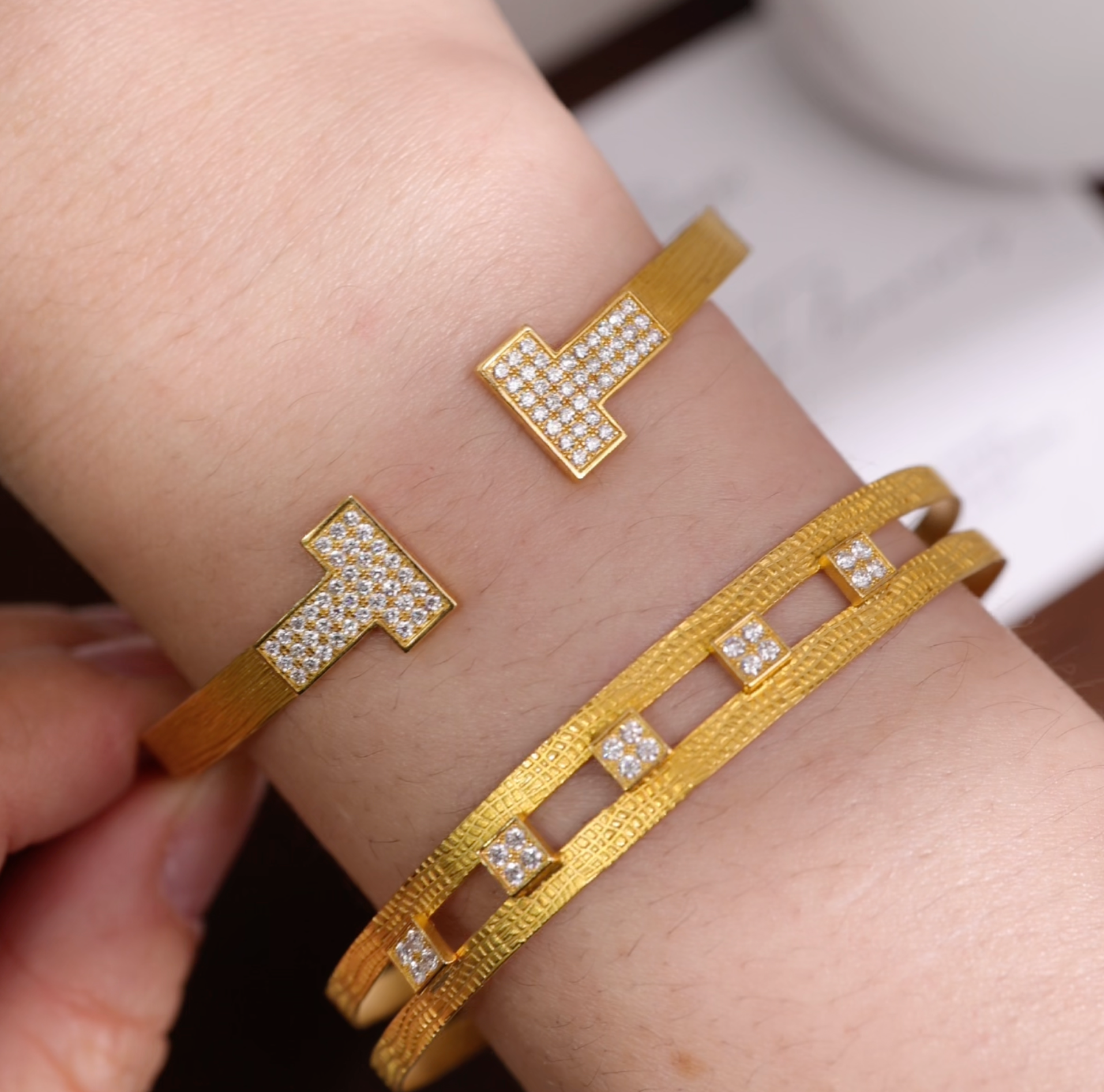 18K Gold Textured Open Bangle with Pave Diamond T-Bar Design from JewelryandStore