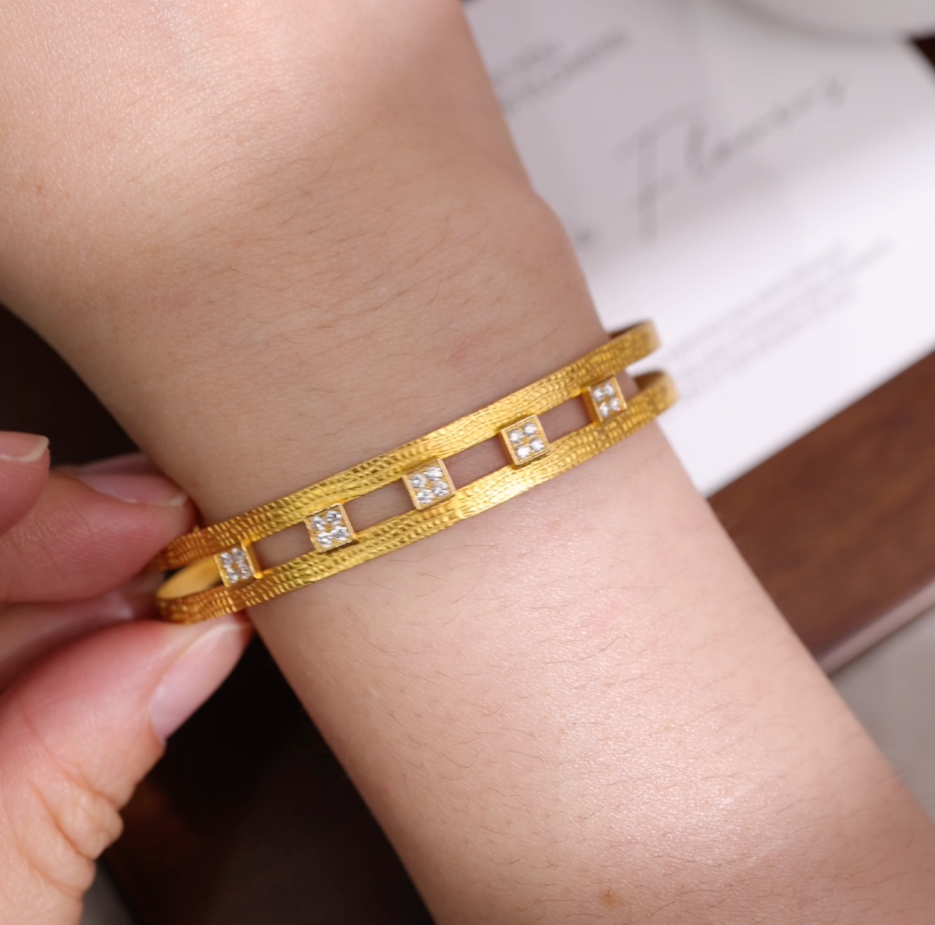 18K Gold Diamond Open Cuff Bangle with Hand-Hammered Finish from JewelryandStore