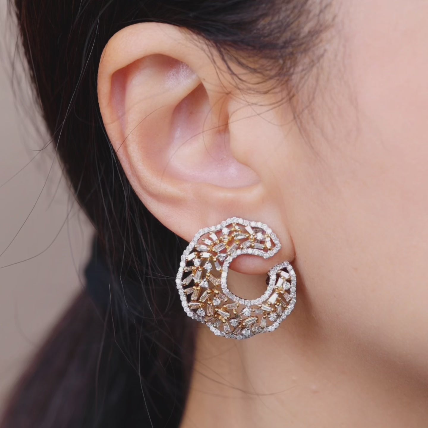 18K Gold Crescent Earrings with Natural White Diamonds