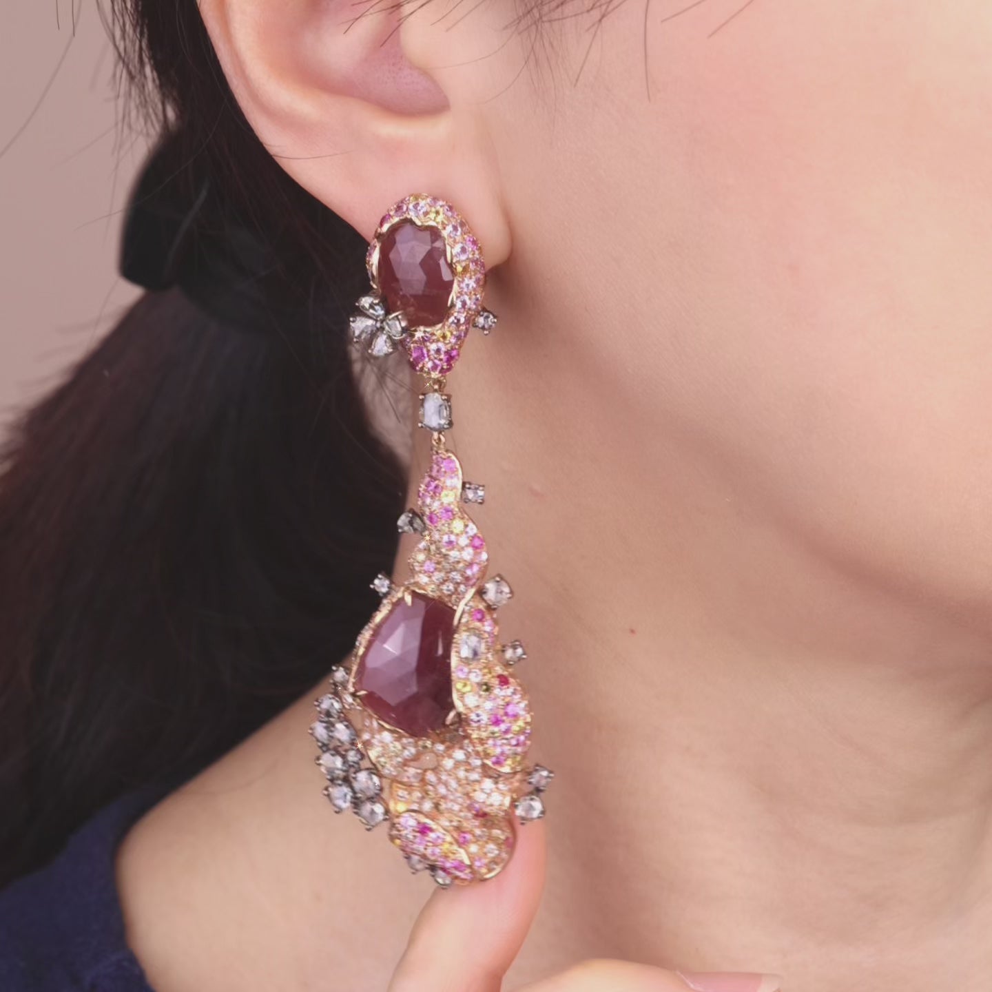 18K Gold Color Sapphire, Diamond & Ruby Evening Party Earrings