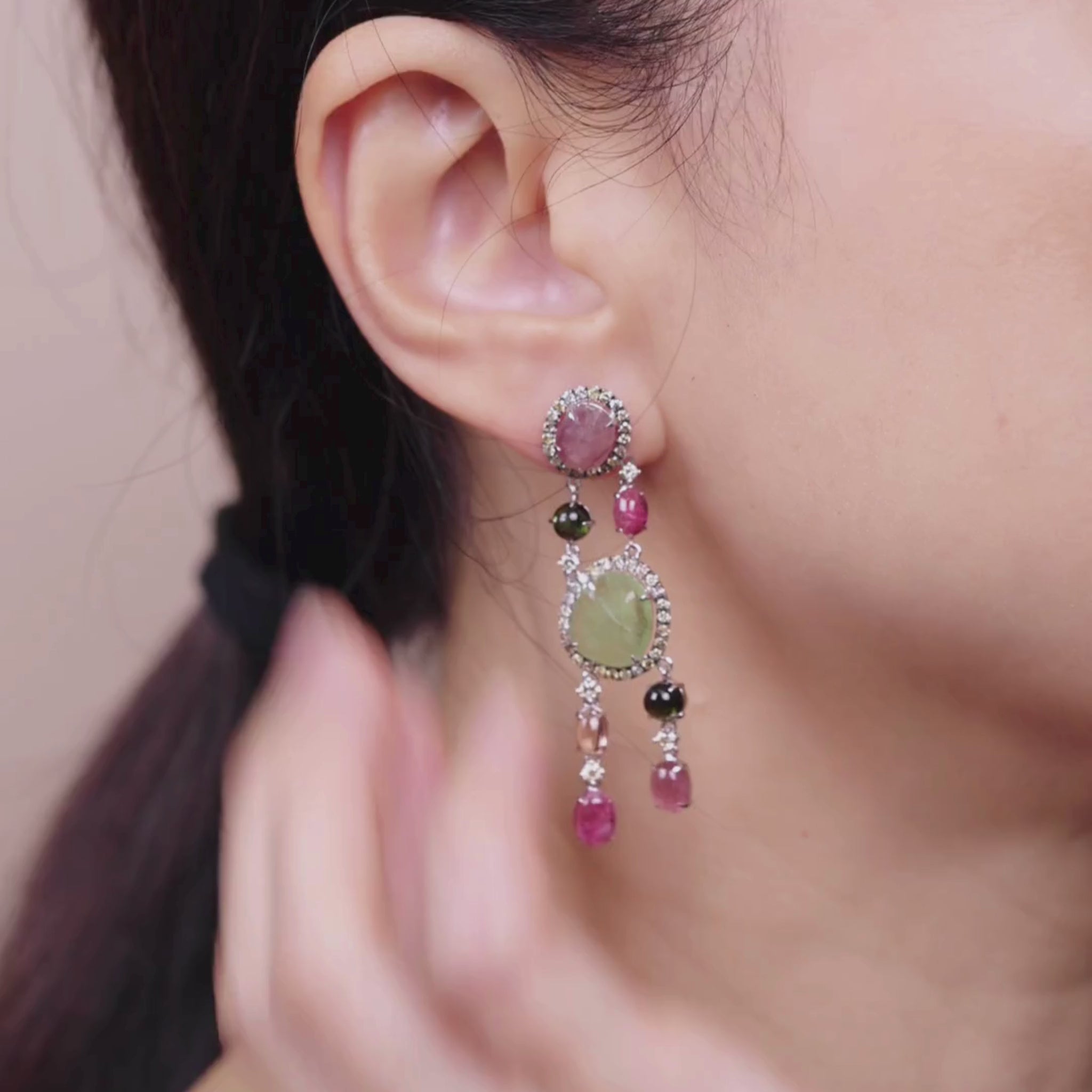 18K Gold Boho Style Natural Raw Sapphire, Tourmaline and Diamond Drop Earrings