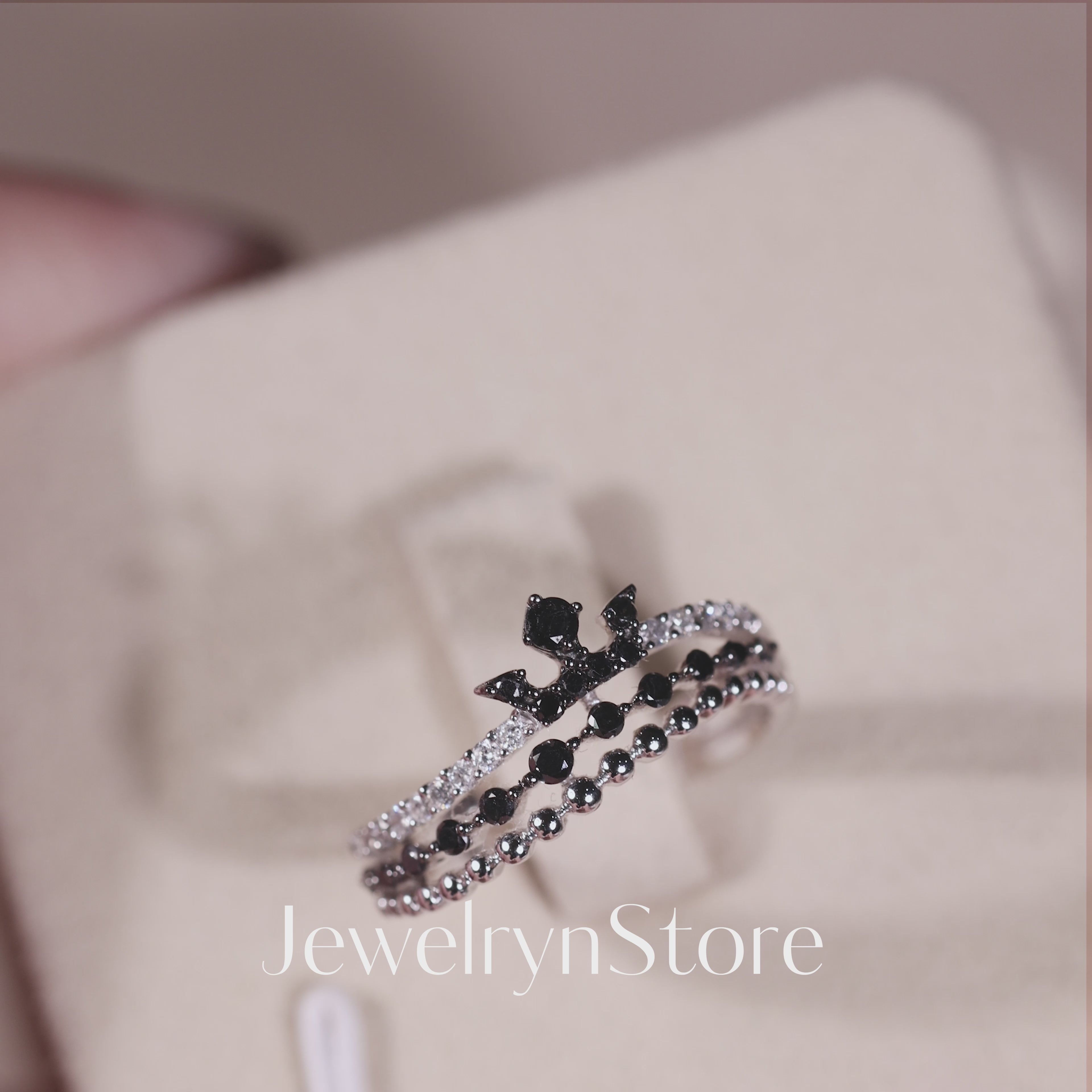 14K Gold Triple Row Tiara Ring with Black Diamonds