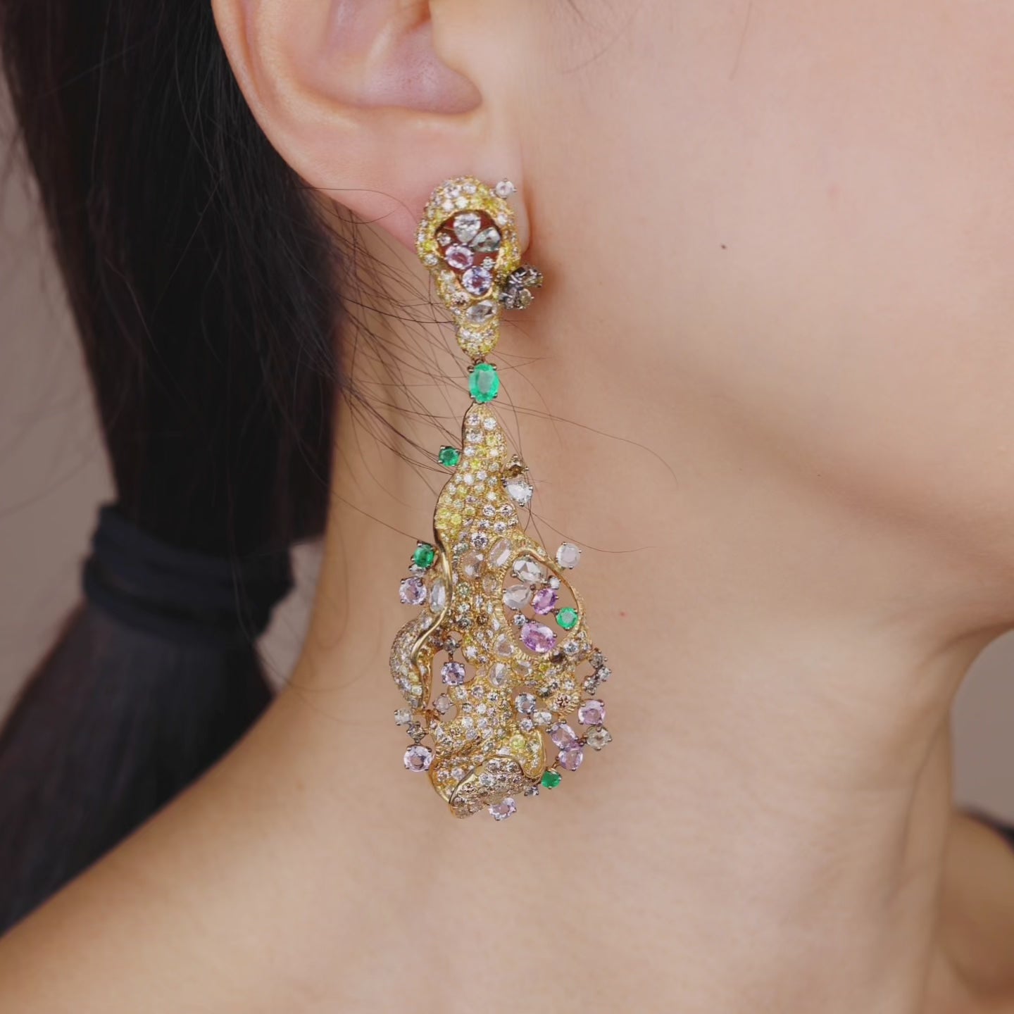 18K Gold Color Sapphire, Diamond & Emerald Evening Party Earrings