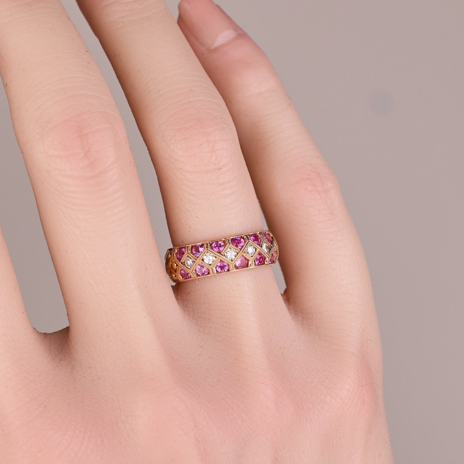 18K Rose Gold Pink Sapphire and Diamond Geometric Design Ring - Jewelry And Store