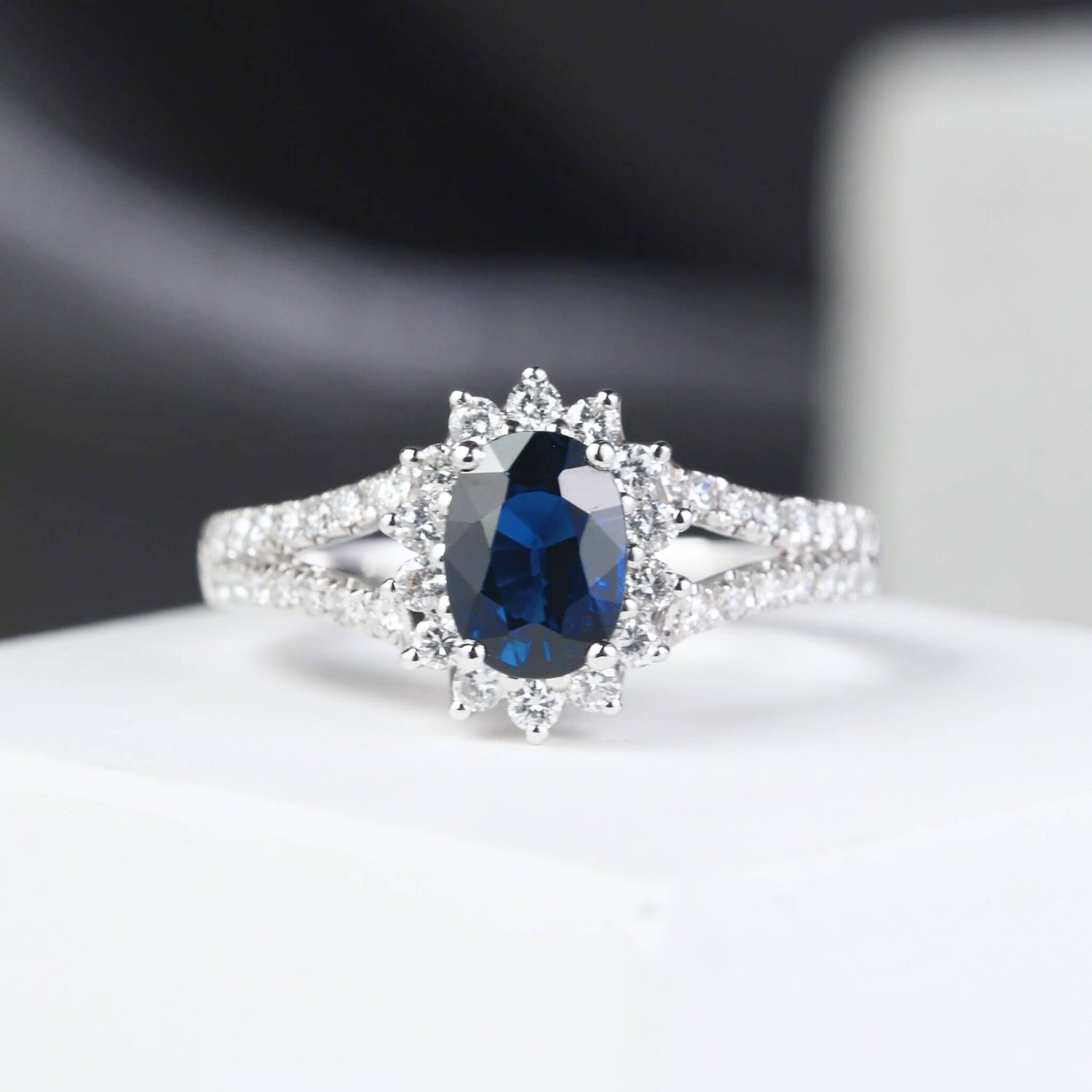 Natural Blue Sapphire Halo Diamond Ring - Jewelry And Store