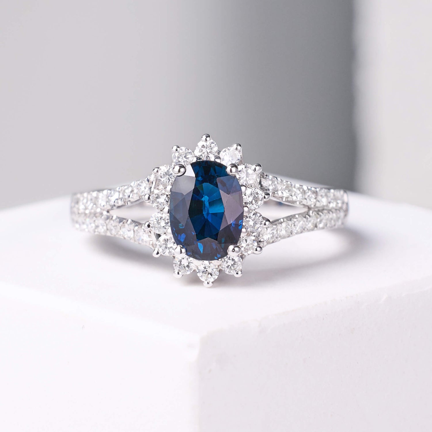 Natural Blue Sapphire Halo Diamond Ring - Jewelry And Store