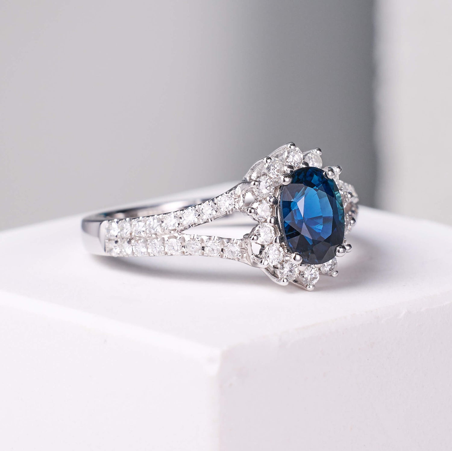 Natural Blue Sapphire Halo Diamond Ring - Jewelry And Store