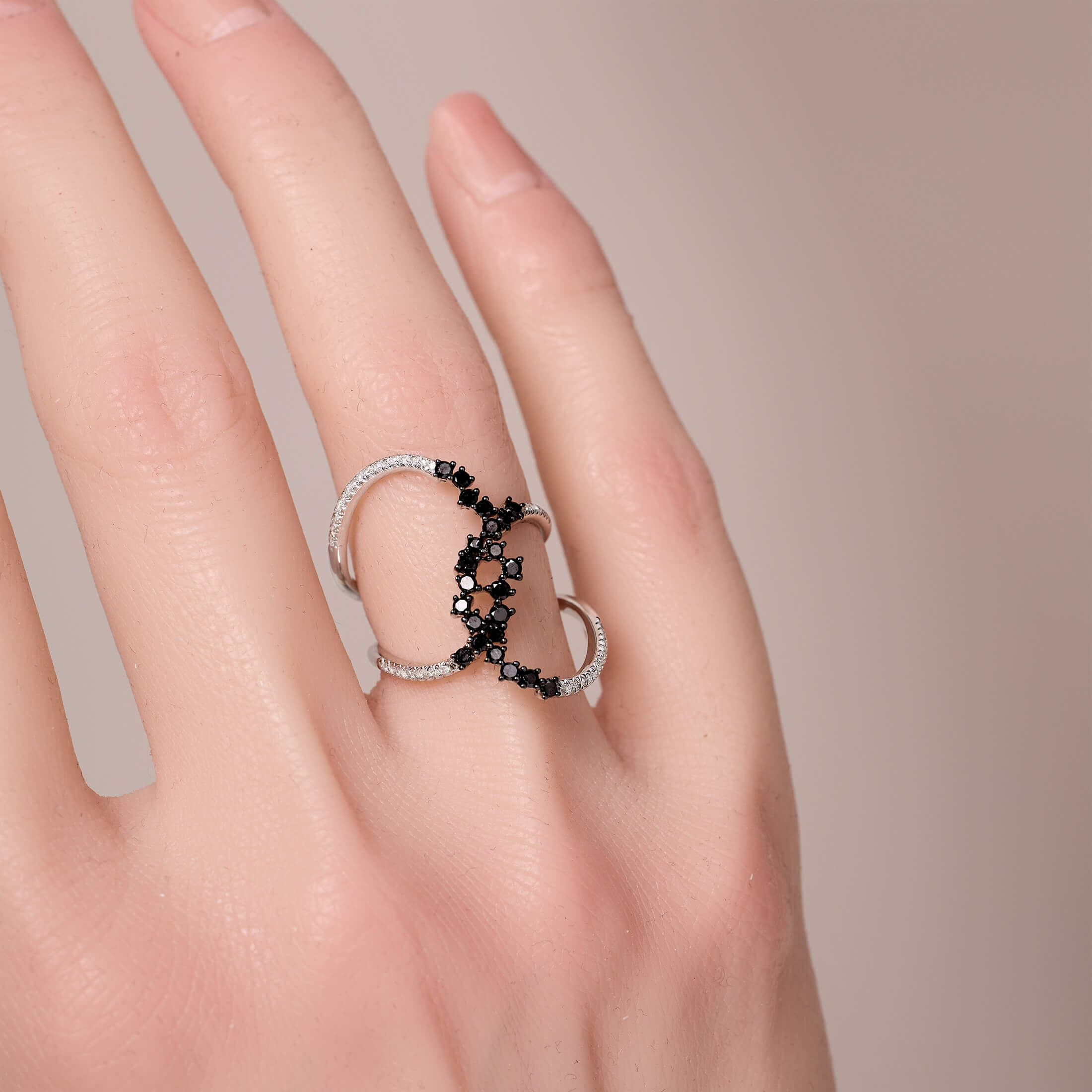 14K Gold X - Curved Statement Ring with White and Black Diamonds - Jewelry And Store