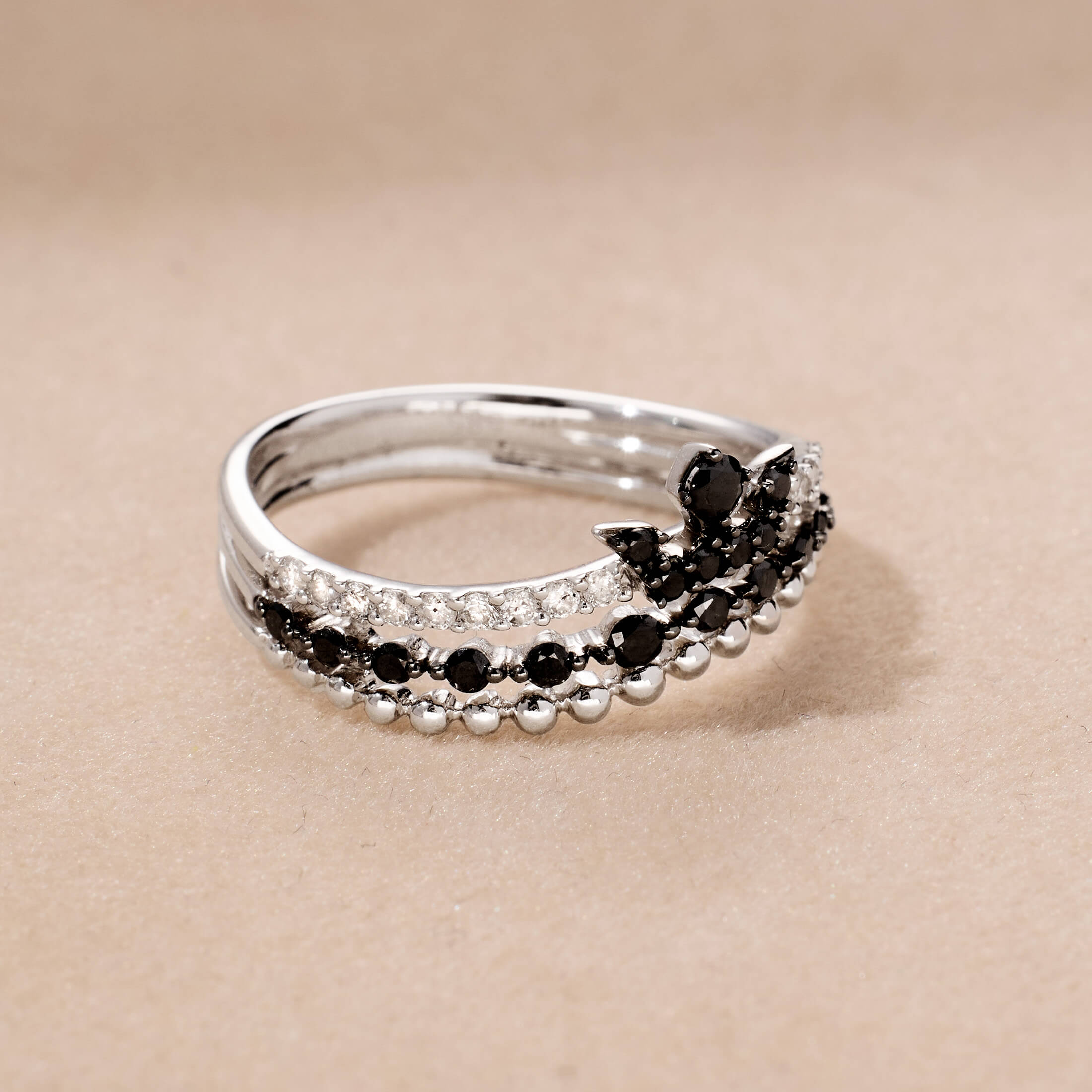 14K Gold Triple Row Tiara Ring with Black Diamonds - Jewelry And Store