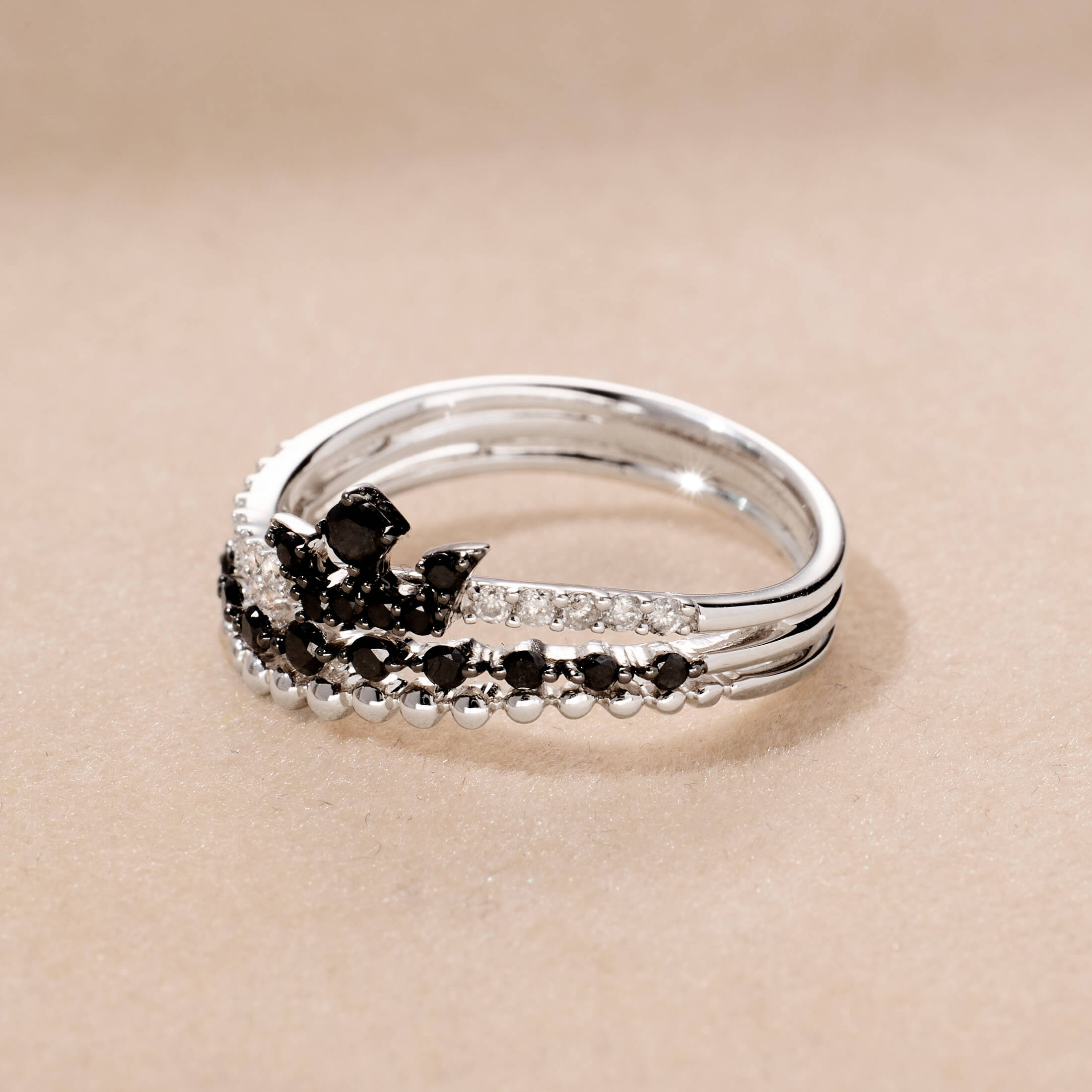 14K Gold Triple Row Tiara Ring with Black Diamonds - Jewelry And Store
