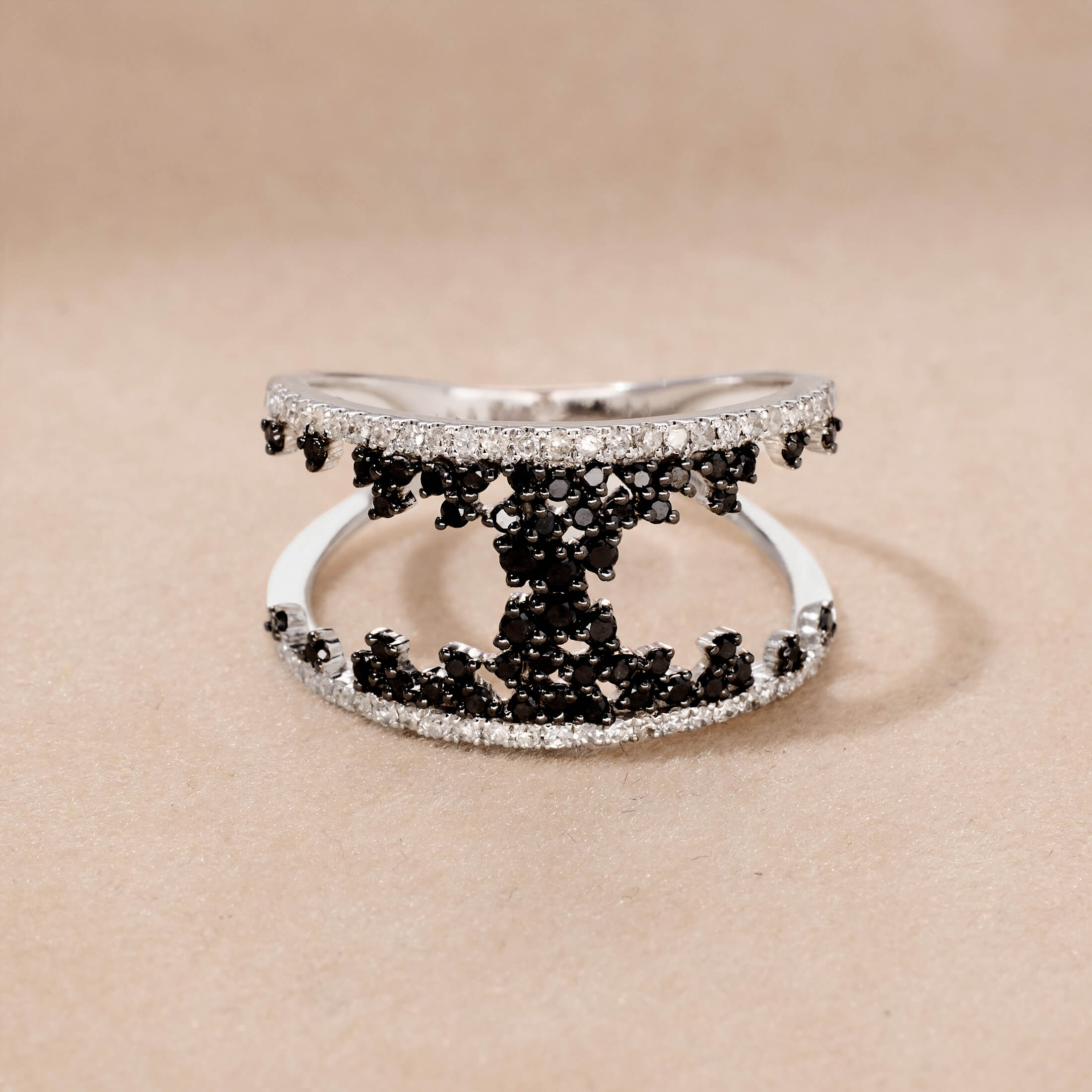 14K Gold Double - Rows Black Diamond Statement Ring - Jewelry And Store