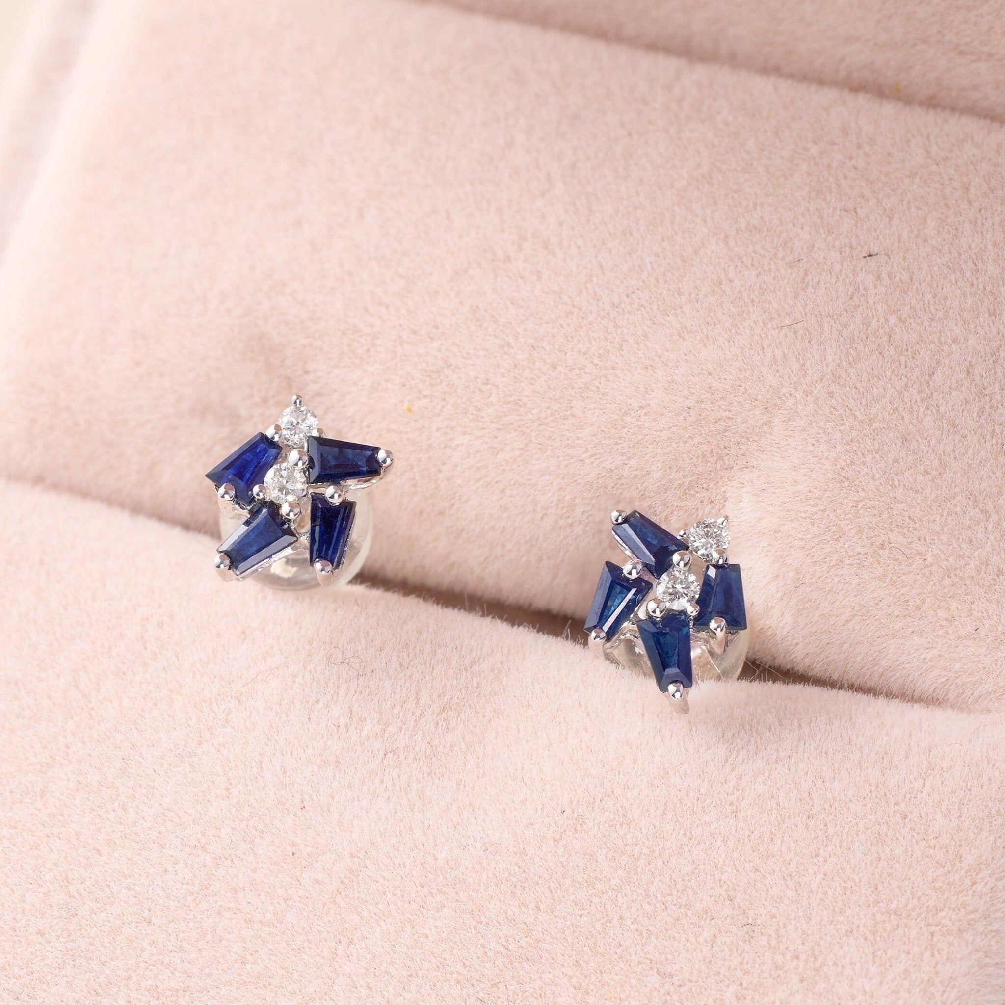 Cluster Earring Studs with Natural Diamonds & Sapphires - Jewelry And Store