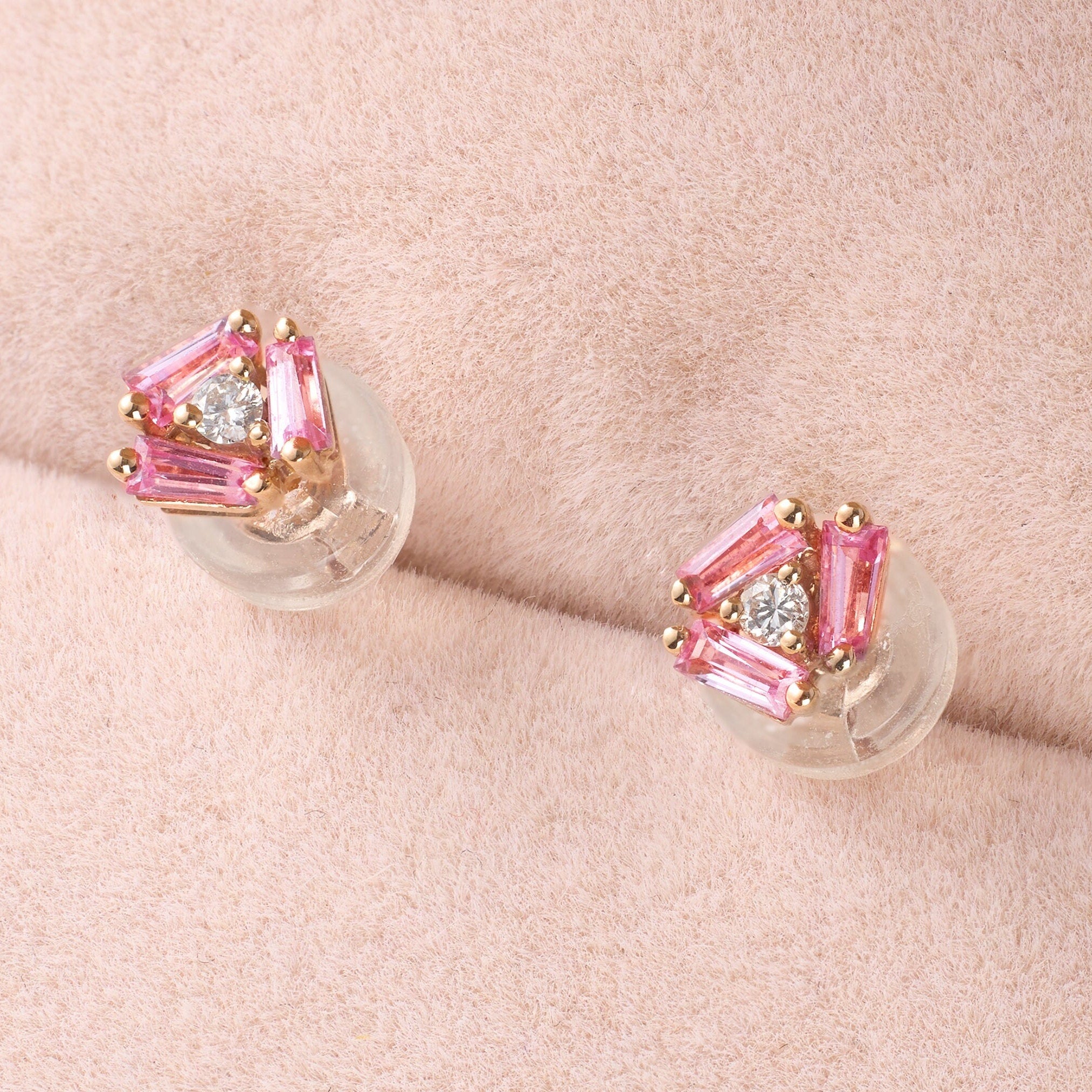Cluster Earring Studs with Natural Diamonds & Ruby - Jewelry And Store