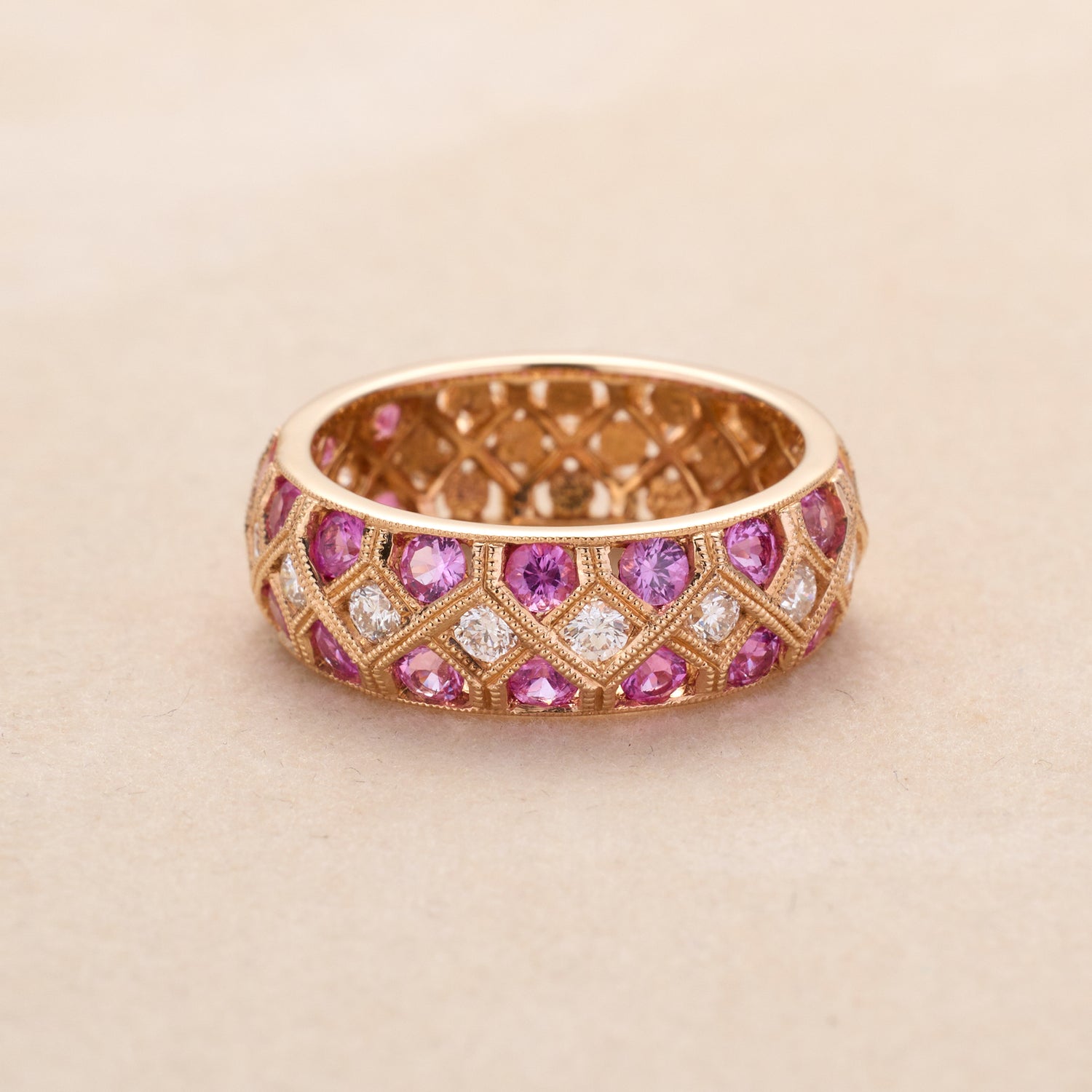 18K Rose Gold Pink Sapphire and Diamond Geometric Design Ring