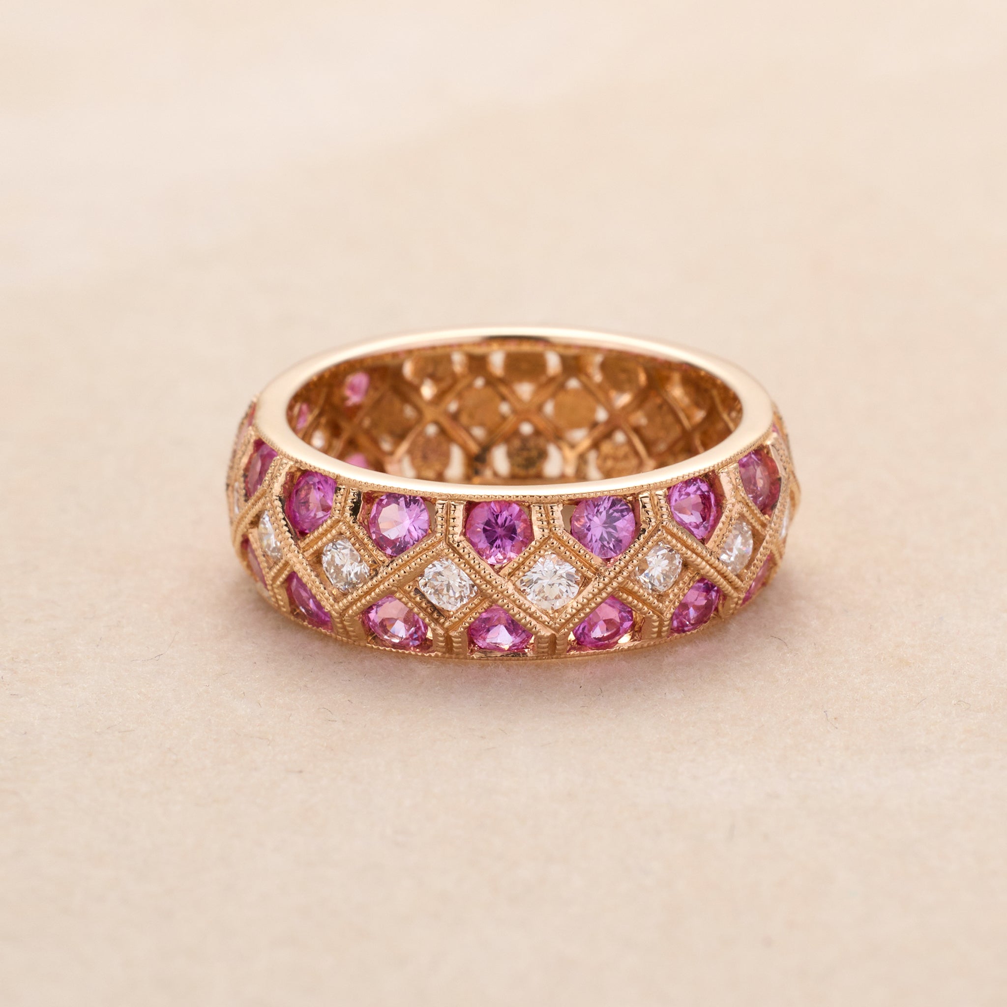 18K Rose Gold Pink Sapphire and Diamond Geometric Design Ring