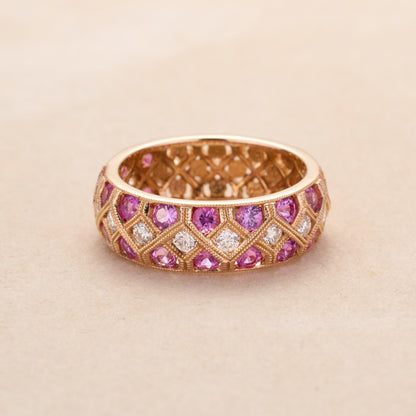 18K Rose Gold Pink Sapphire and Diamond Geometric Design Ring