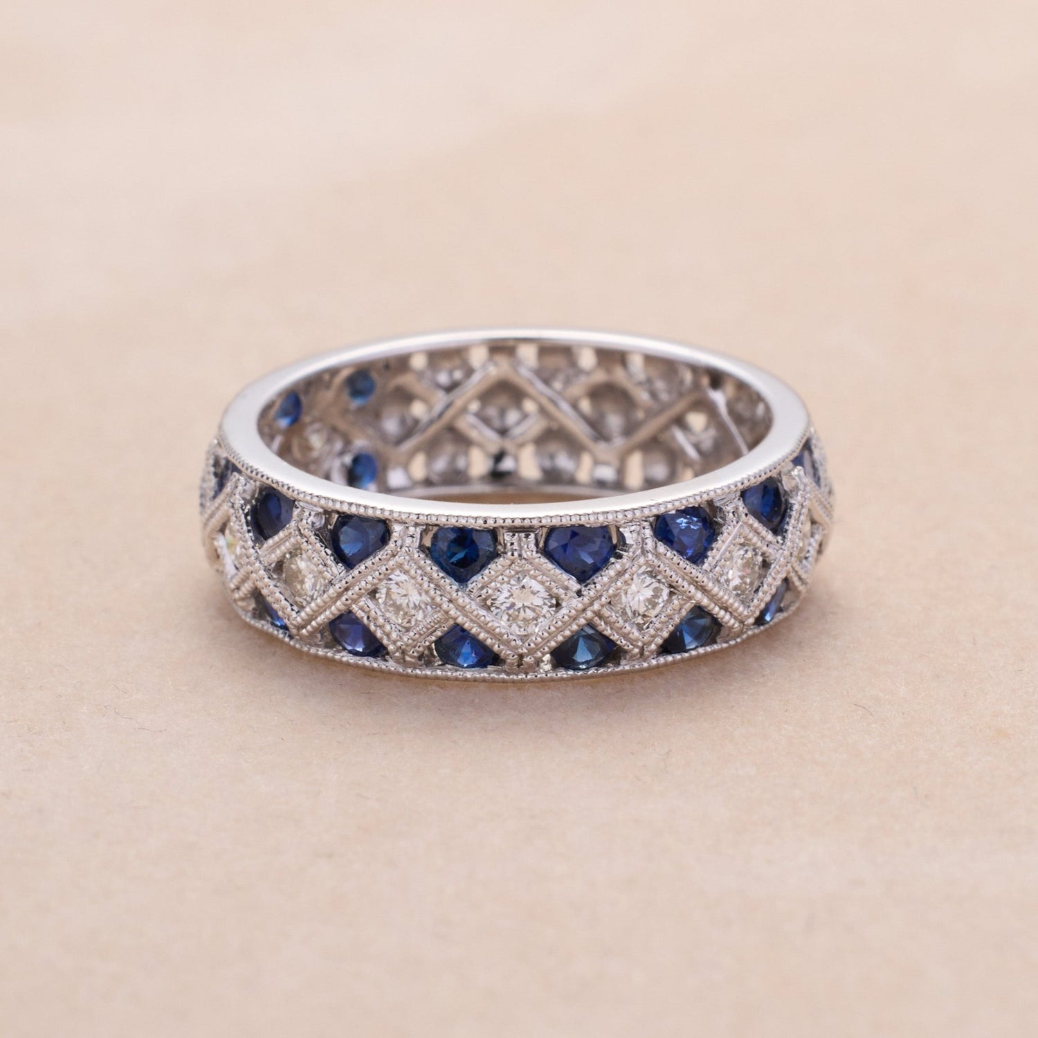 14K White Gold Blue Sapphire and Diamond Geometric Design Ring - Jewelry And Store