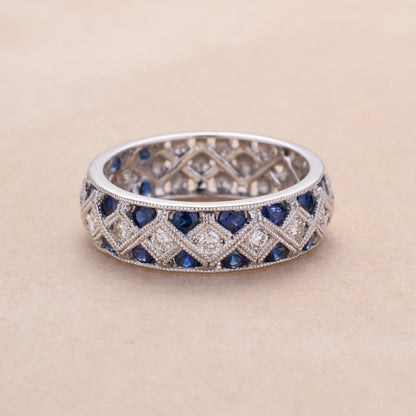 14K White Gold Blue Sapphire and Diamond Geometric Design Ring - Jewelry And Store
