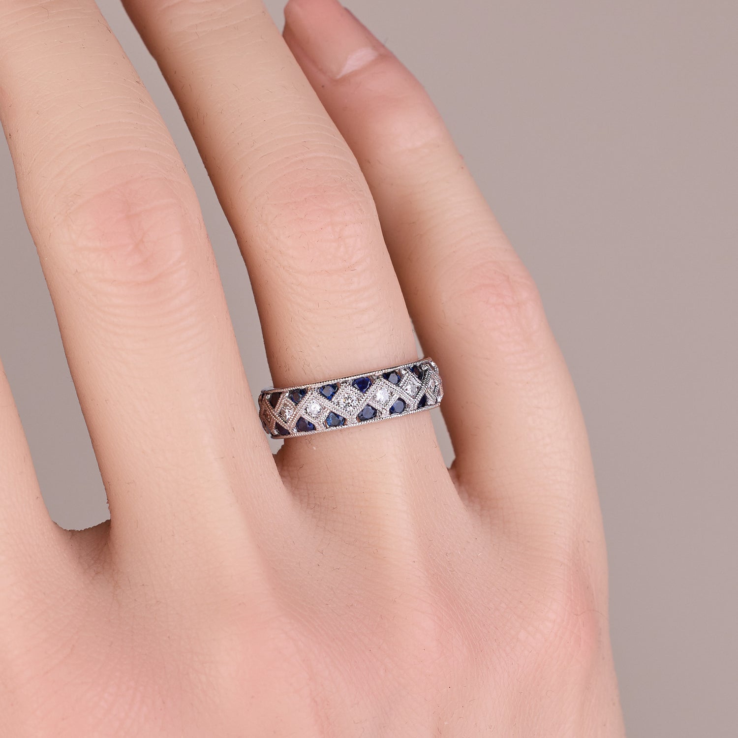 14K White Gold Blue Sapphire and Diamond Geometric Design Ring - Jewelry And Store