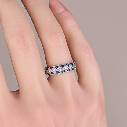 14K White Gold Blue Sapphire and Diamond Geometric Design Ring - Jewelry And Store