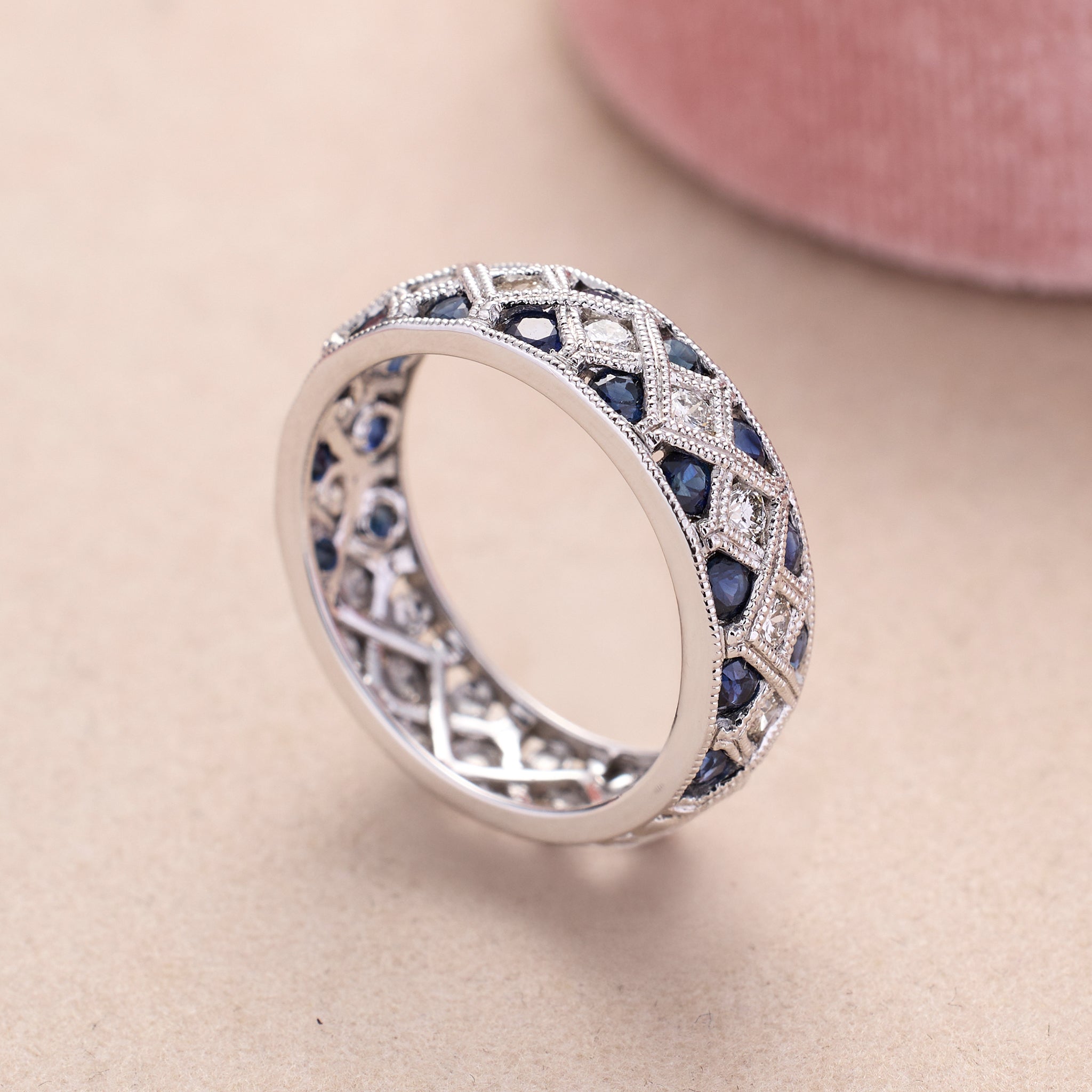 14K White Gold Blue Sapphire and Diamond Geometric Design Ring - Jewelry And Store