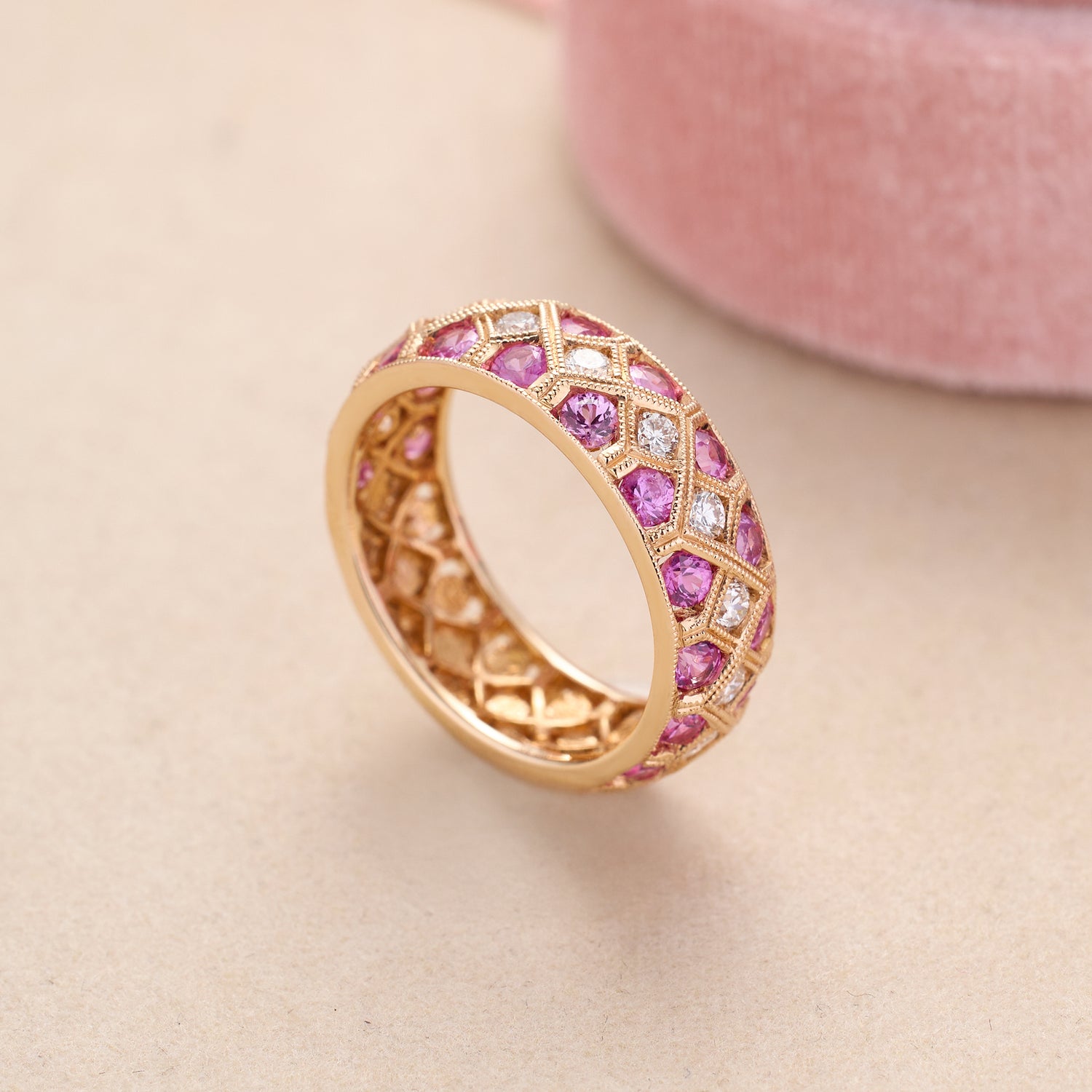 18K Rose Gold Pink Sapphire and Diamond Geometric Design Ring