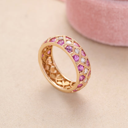 18K Rose Gold Pink Sapphire and Diamond Geometric Design Ring