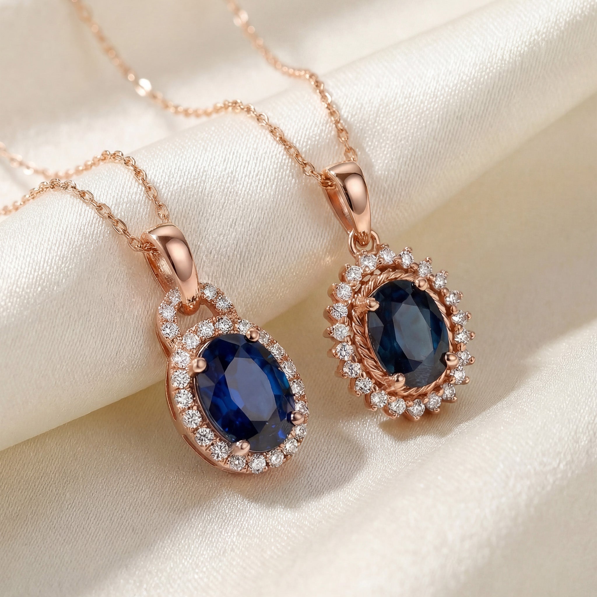 1.08ct Natural Blue Sapphire Vintage Halo Pendant in 18K Rose Gold - JewelryAndStore