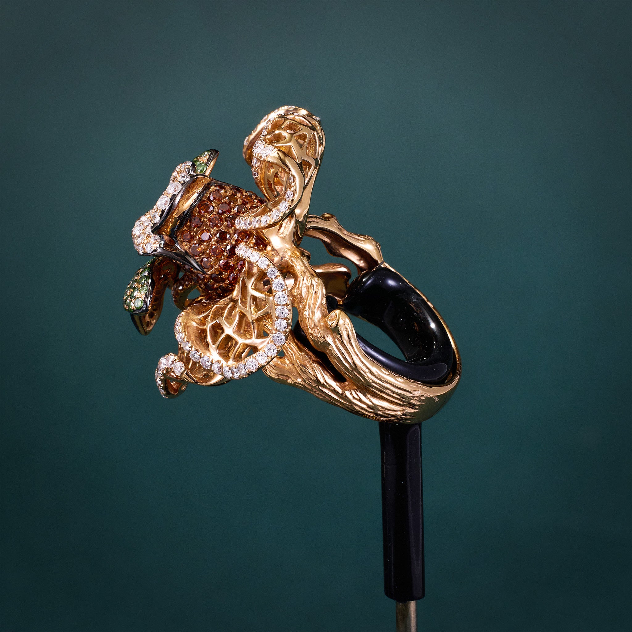 18K Gold Flower Ring with Natural Green Diamonds &amp; Color Diamonds