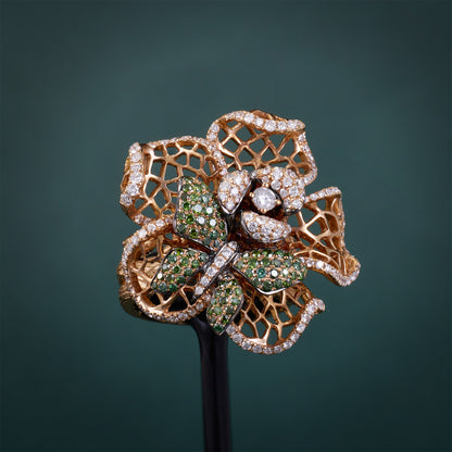 18K Gold Flower Ring with Natural Green Diamonds &amp; Color Diamonds