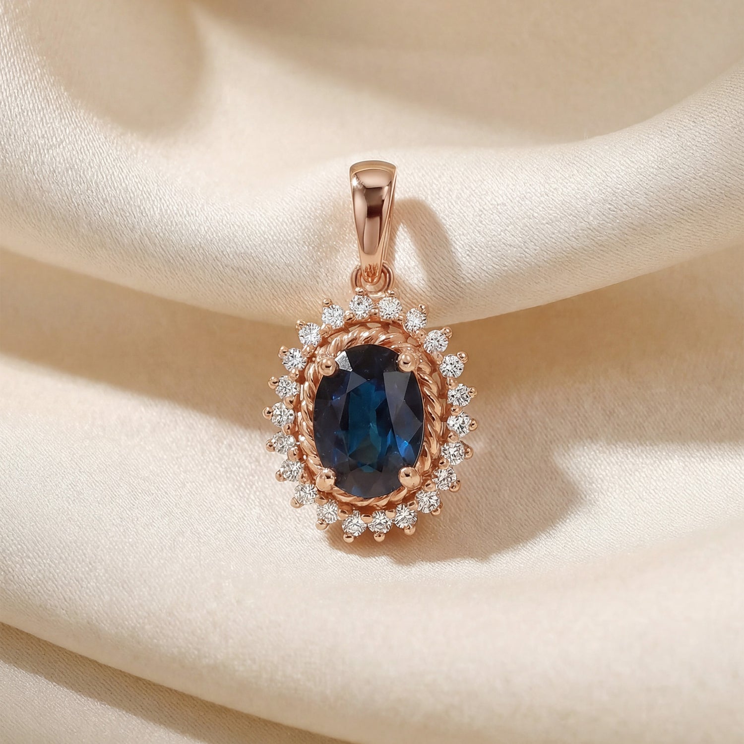 1.08ct Natural Blue Sapphire Vintage Halo Pendant in 18K Rose Gold - JewelryAndStore