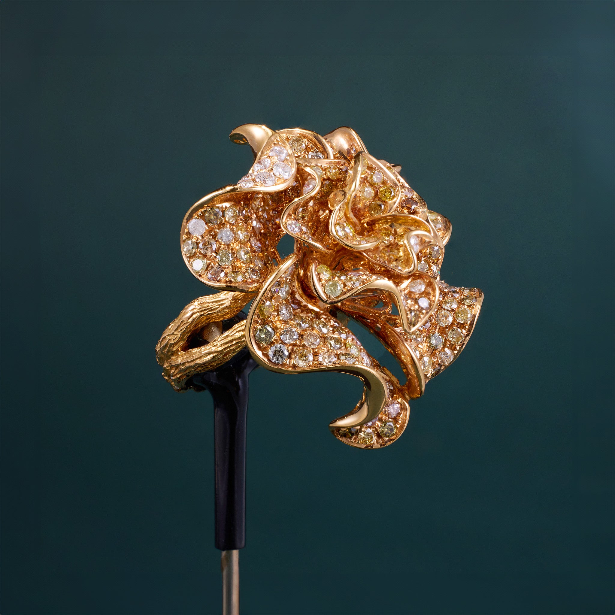 18K Yellow Gold Flower Ring with Natural Color Diamonds - Jewelry And Store