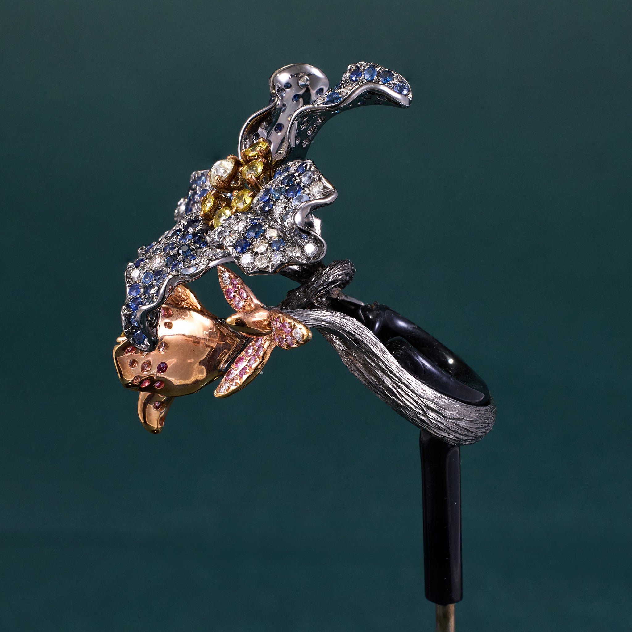 18K Gold Flower Ring with Natural Sapphires and Diamonds - Jewelry And Store