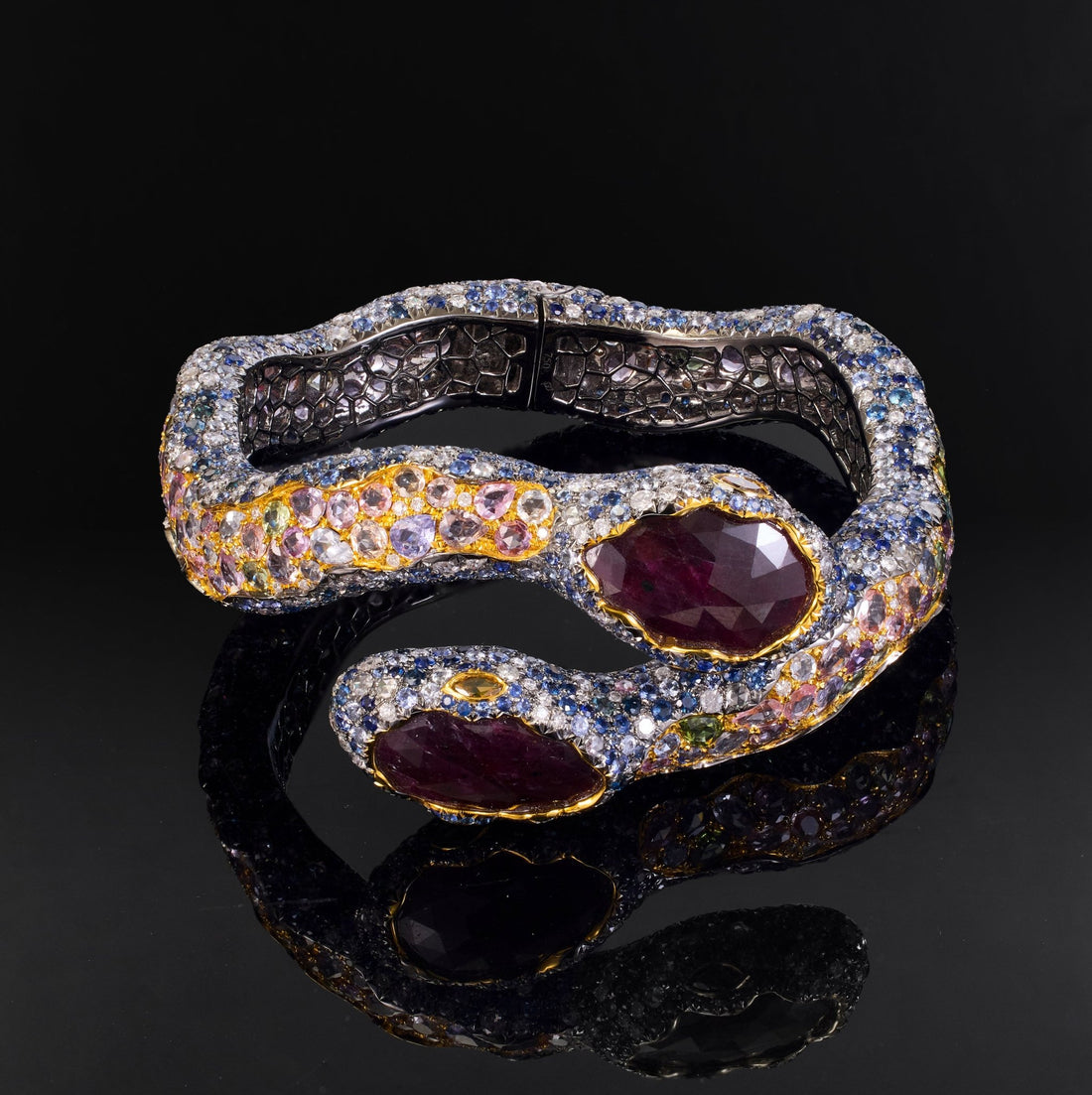18K Gold Celestial Serpent Bangle with Sapphires, Diamonds & Tourmalines - Jewelry And Store