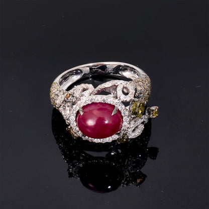 18K Gold Ring with Oval Ruby and Color Diamonds